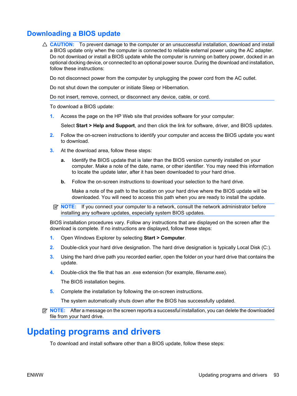 Downloading a bios update, Updating programs and drivers | HP Pavilion dv5-2070us Entertainment Notebook PC User Manual | Page 103 / 110