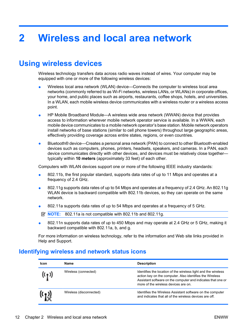 Wireless and local area network, Using wireless devices, Identifying wireless and network status icons | 2 wireless and local area network, 2wireless and local area network | HP Pavilion dv5-2070us Entertainment Notebook PC User Manual | Page 22 / 110