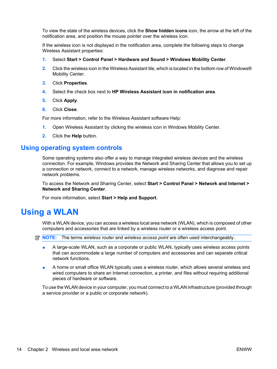 Using operating system controls, Using a wlan | HP Pavilion dv5-2070us Entertainment Notebook PC User Manual | Page 24 / 110