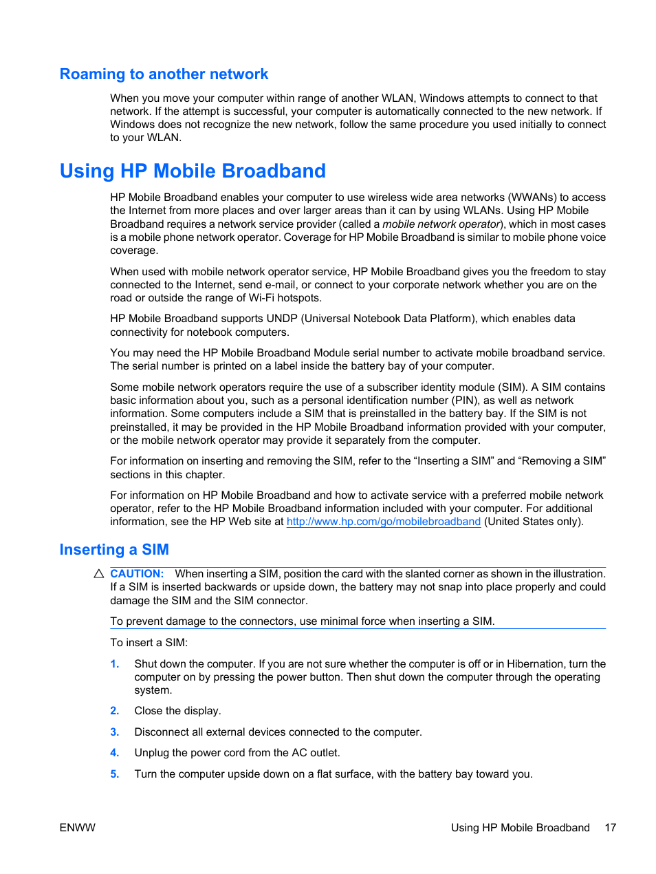 Roaming to another network, Using hp mobile broadband, Inserting a sim | HP Pavilion dv5-2070us Entertainment Notebook PC User Manual | Page 27 / 110
