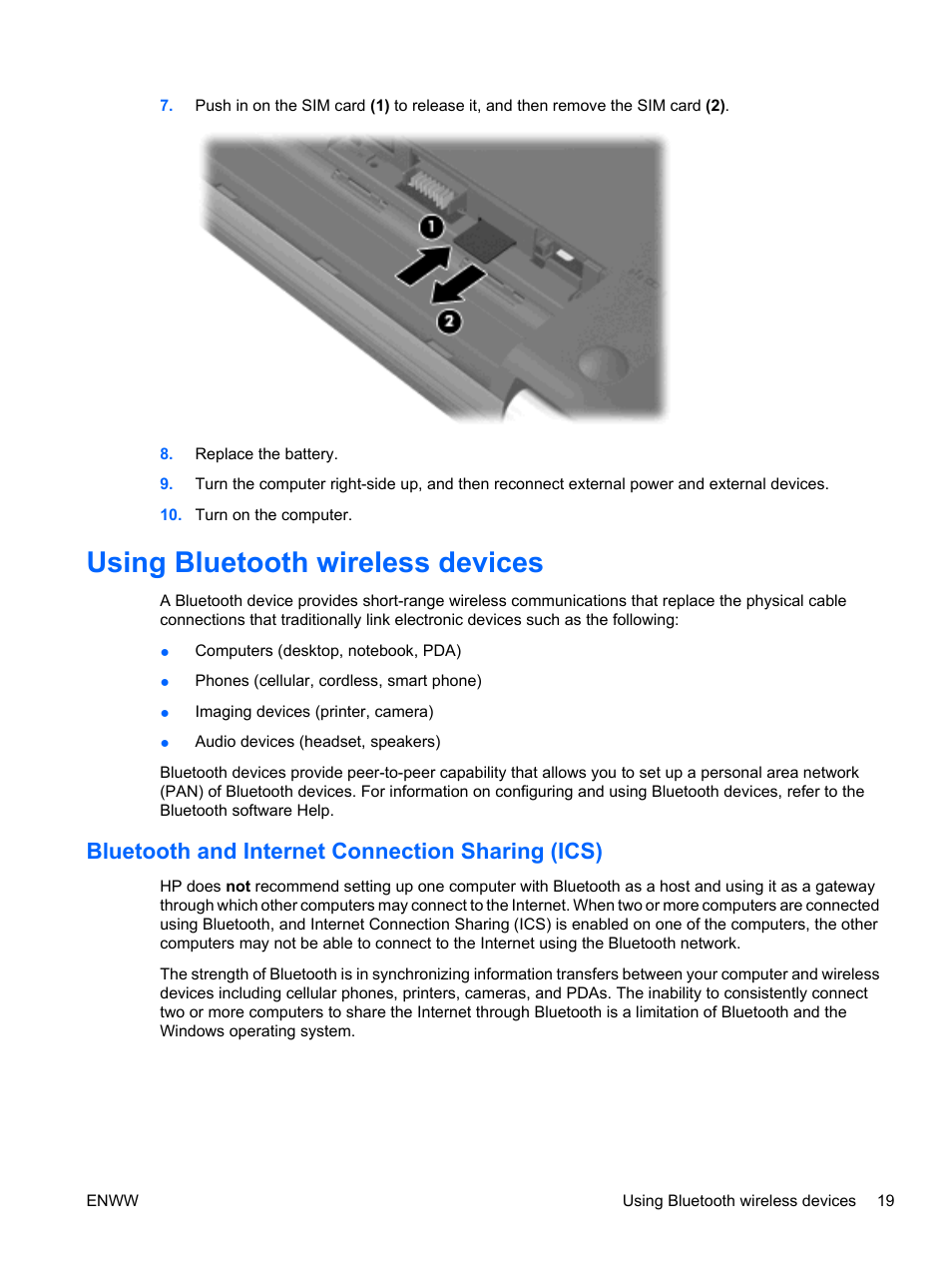 Using bluetooth wireless devices, Bluetooth and internet connection sharing (ics) | HP Pavilion dv5-2070us Entertainment Notebook PC User Manual | Page 29 / 110