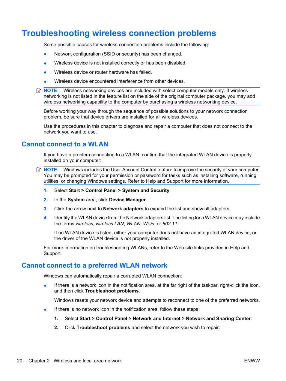 Troubleshooting wireless connection problems, Cannot connect to a wlan, Cannot connect to a preferred wlan network | HP Pavilion dv5-2070us Entertainment Notebook PC User Manual | Page 30 / 110