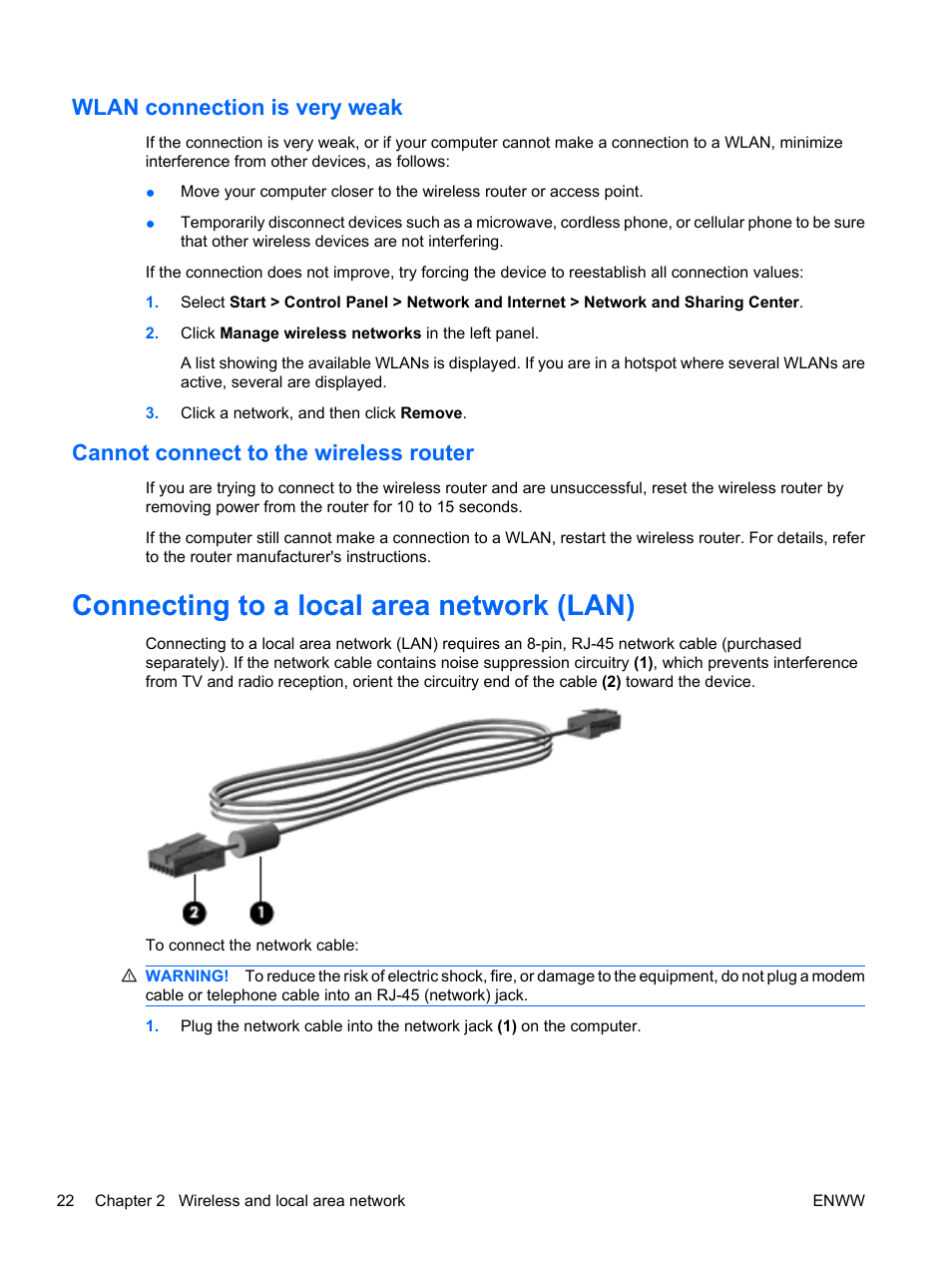 Wlan connection is very weak, Cannot connect to the wireless router, Connecting to a local area network (lan) | HP Pavilion dv5-2070us Entertainment Notebook PC User Manual | Page 32 / 110