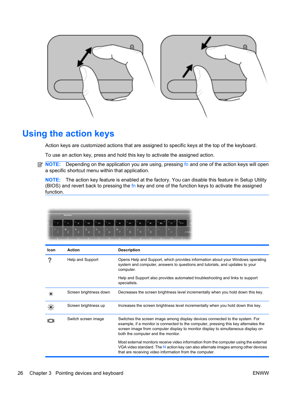 Using the action keys | HP Pavilion dv5-2070us Entertainment Notebook PC User Manual | Page 36 / 110