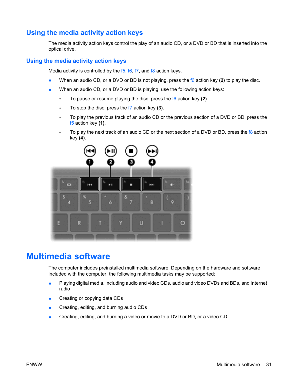 Using the media activity action keys, Multimedia software | HP Pavilion dv5-2070us Entertainment Notebook PC User Manual | Page 41 / 110