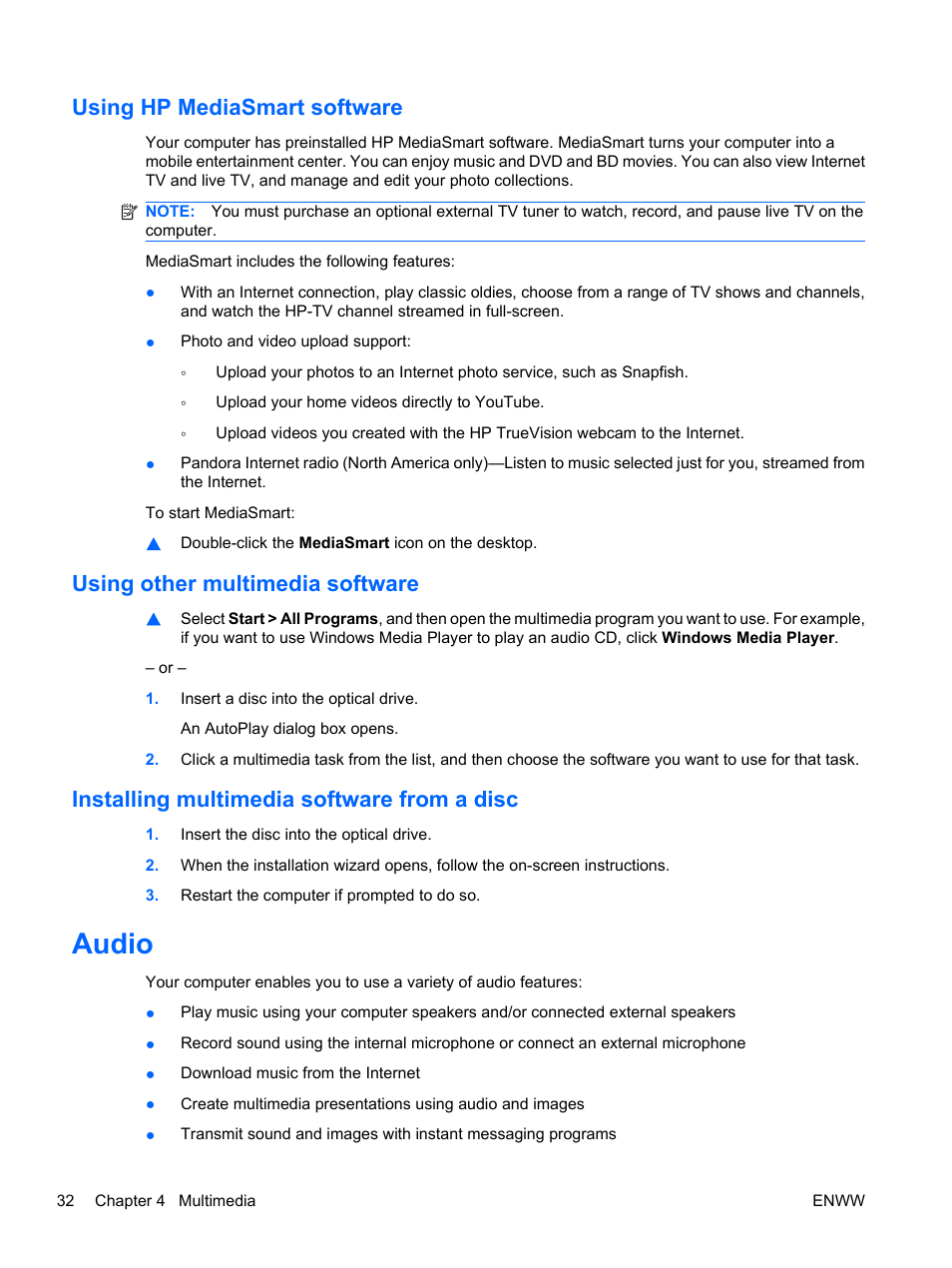 Using hp mediasmart software, Using other multimedia software, Installing multimedia software from a disc | Audio | HP Pavilion dv5-2070us Entertainment Notebook PC User Manual | Page 42 / 110