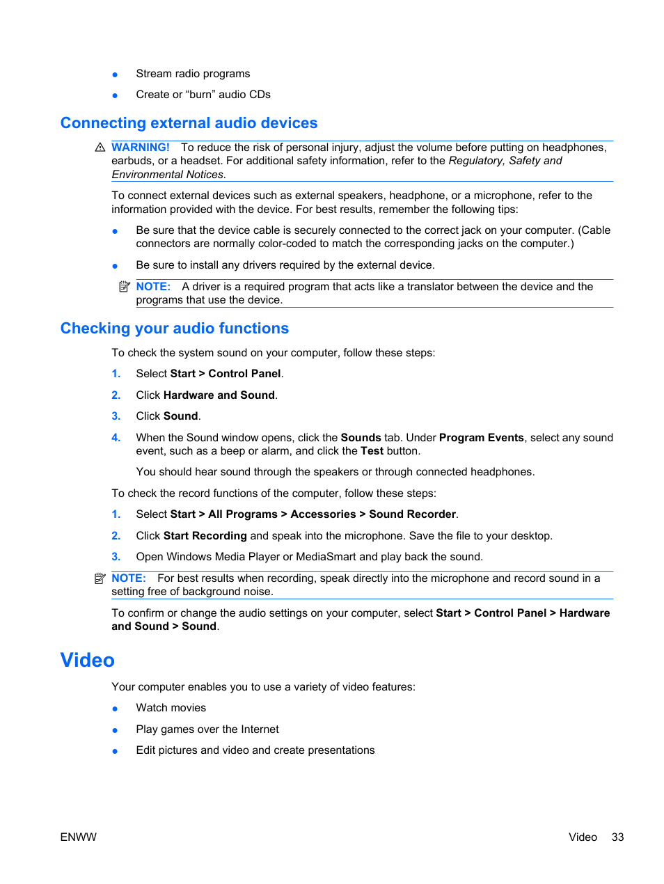 Connecting external audio devices, Checking your audio functions, Video | HP Pavilion dv5-2070us Entertainment Notebook PC User Manual | Page 43 / 110