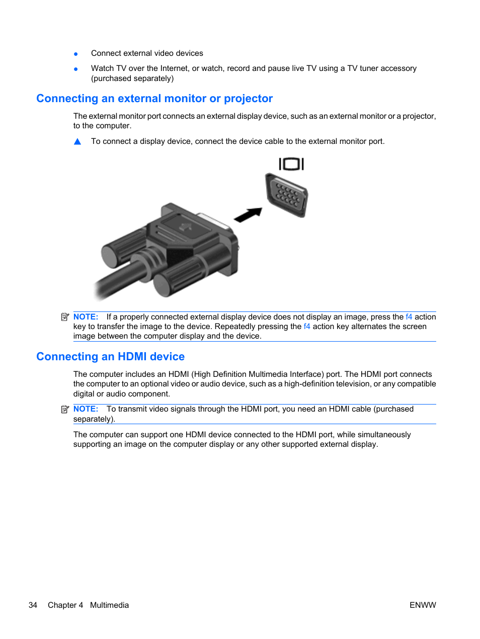 Connecting an external monitor or projector, Connecting an hdmi device | HP Pavilion dv5-2070us Entertainment Notebook PC User Manual | Page 44 / 110