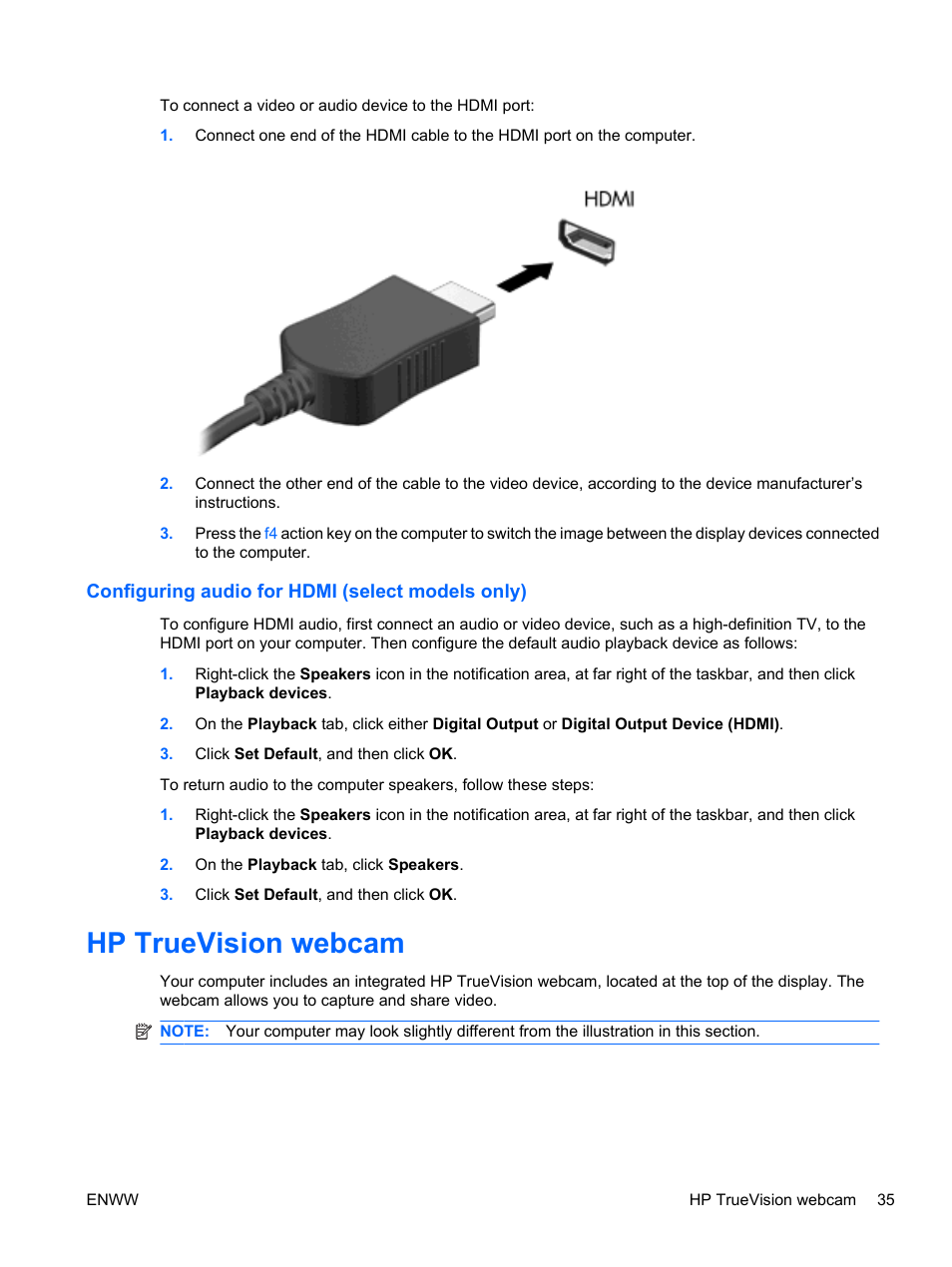 Configuring audio for hdmi (select models only), Hp truevision webcam | HP Pavilion dv5-2070us Entertainment Notebook PC User Manual | Page 45 / 110