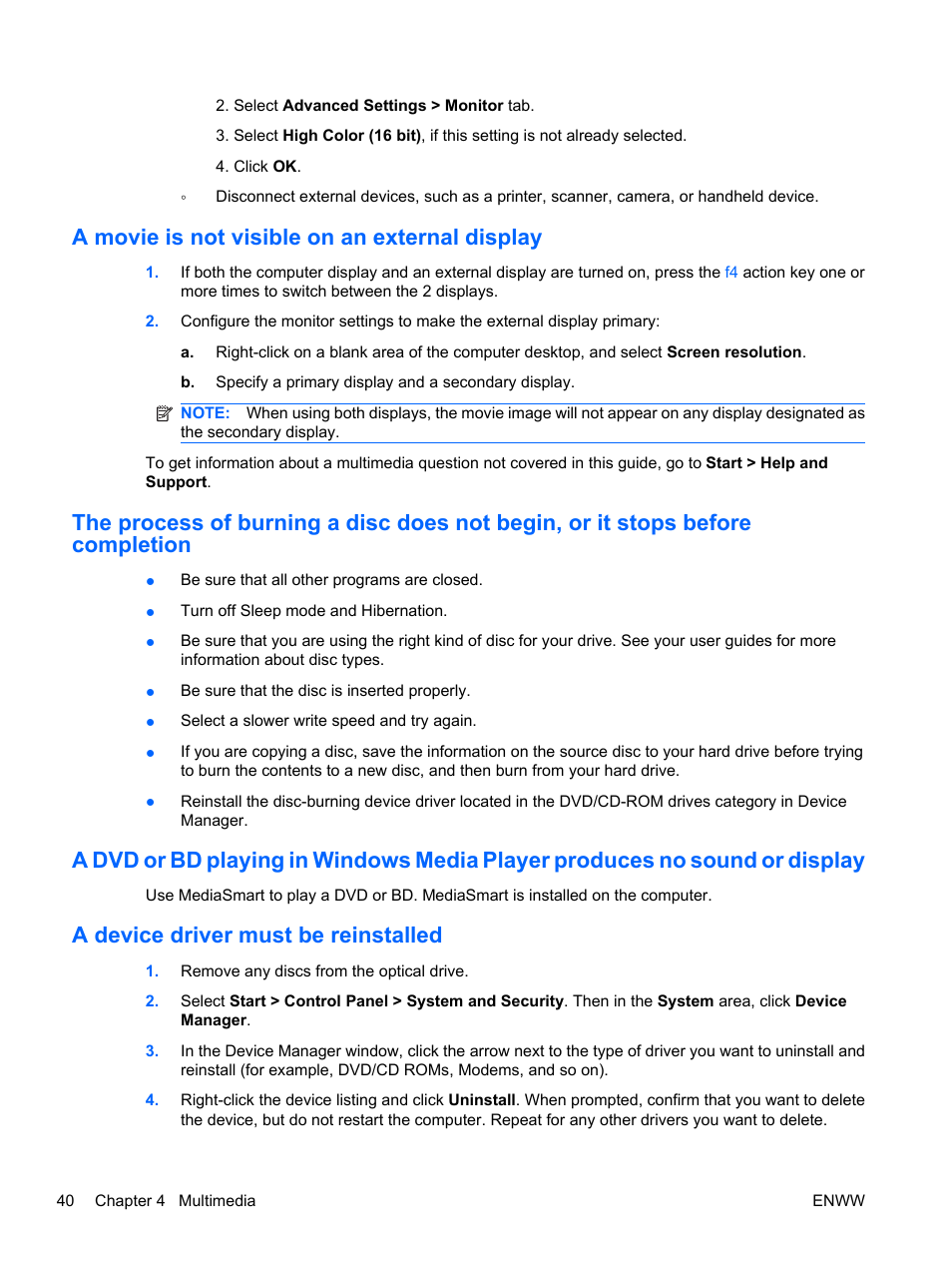 A movie is not visible on an external display, A device driver must be reinstalled | HP Pavilion dv5-2070us Entertainment Notebook PC User Manual | Page 50 / 110