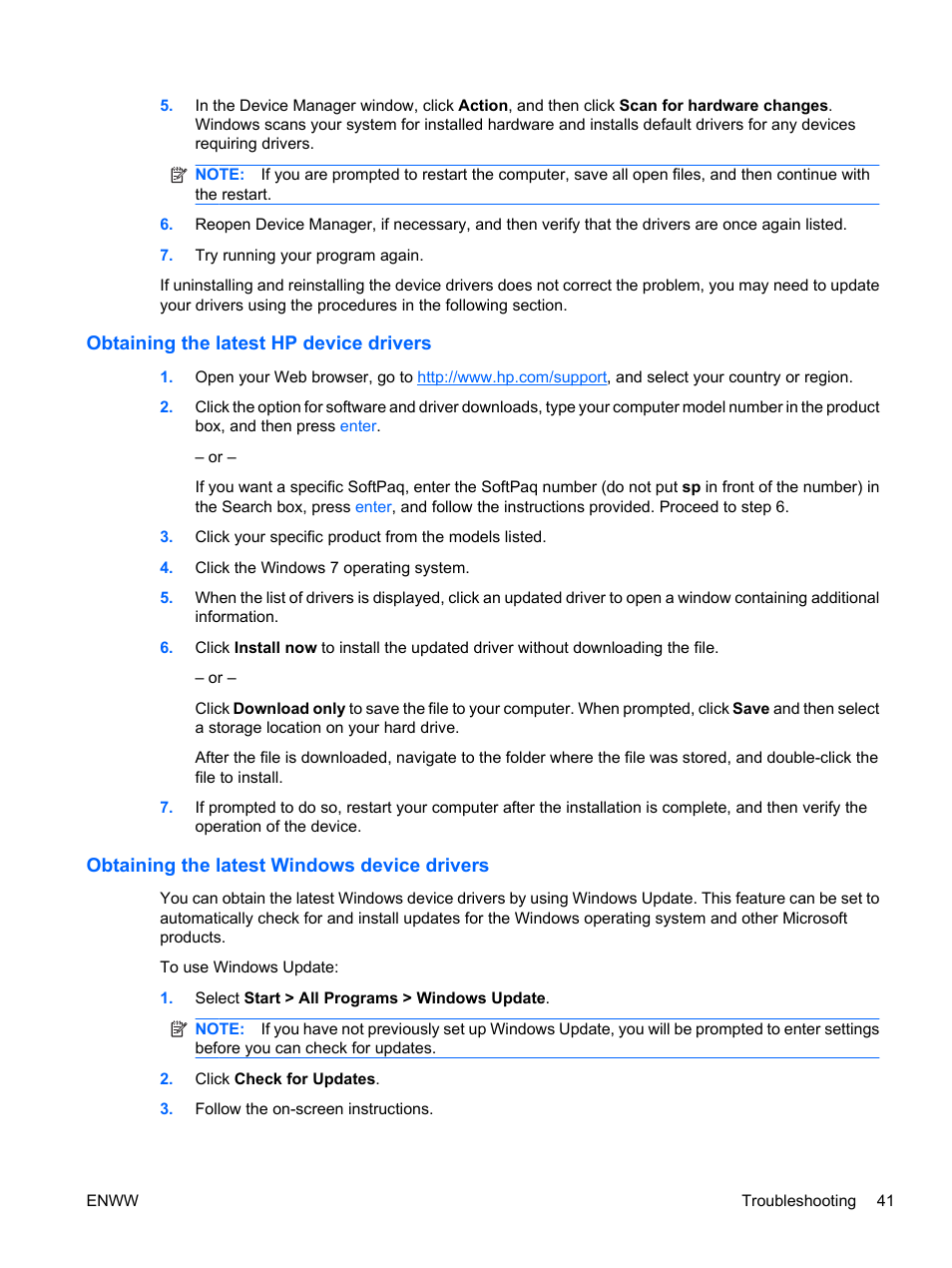 Obtaining the latest hp device drivers, Obtaining the latest windows device drivers | HP Pavilion dv5-2070us Entertainment Notebook PC User Manual | Page 51 / 110