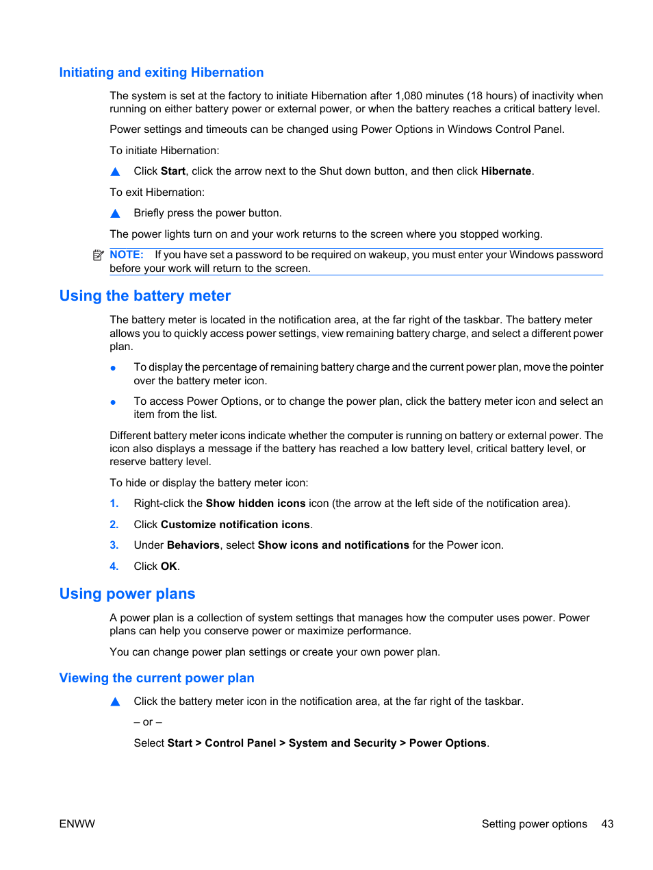 Initiating and exiting hibernation, Using the battery meter, Using power plans | Viewing the current power plan, Using the battery meter using power plans | HP Pavilion dv5-2070us Entertainment Notebook PC User Manual | Page 53 / 110