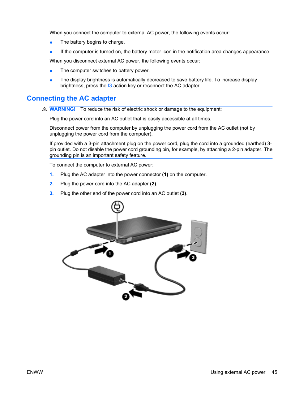 Connecting the ac adapter | HP Pavilion dv5-2070us Entertainment Notebook PC User Manual | Page 55 / 110