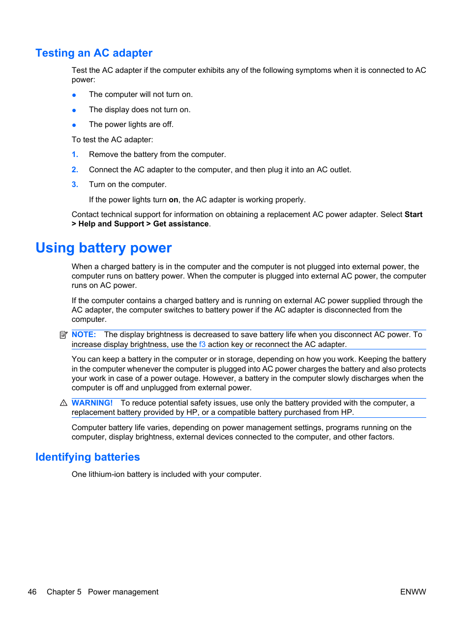 Testing an ac adapter, Using battery power, Identifying batteries | HP Pavilion dv5-2070us Entertainment Notebook PC User Manual | Page 56 / 110