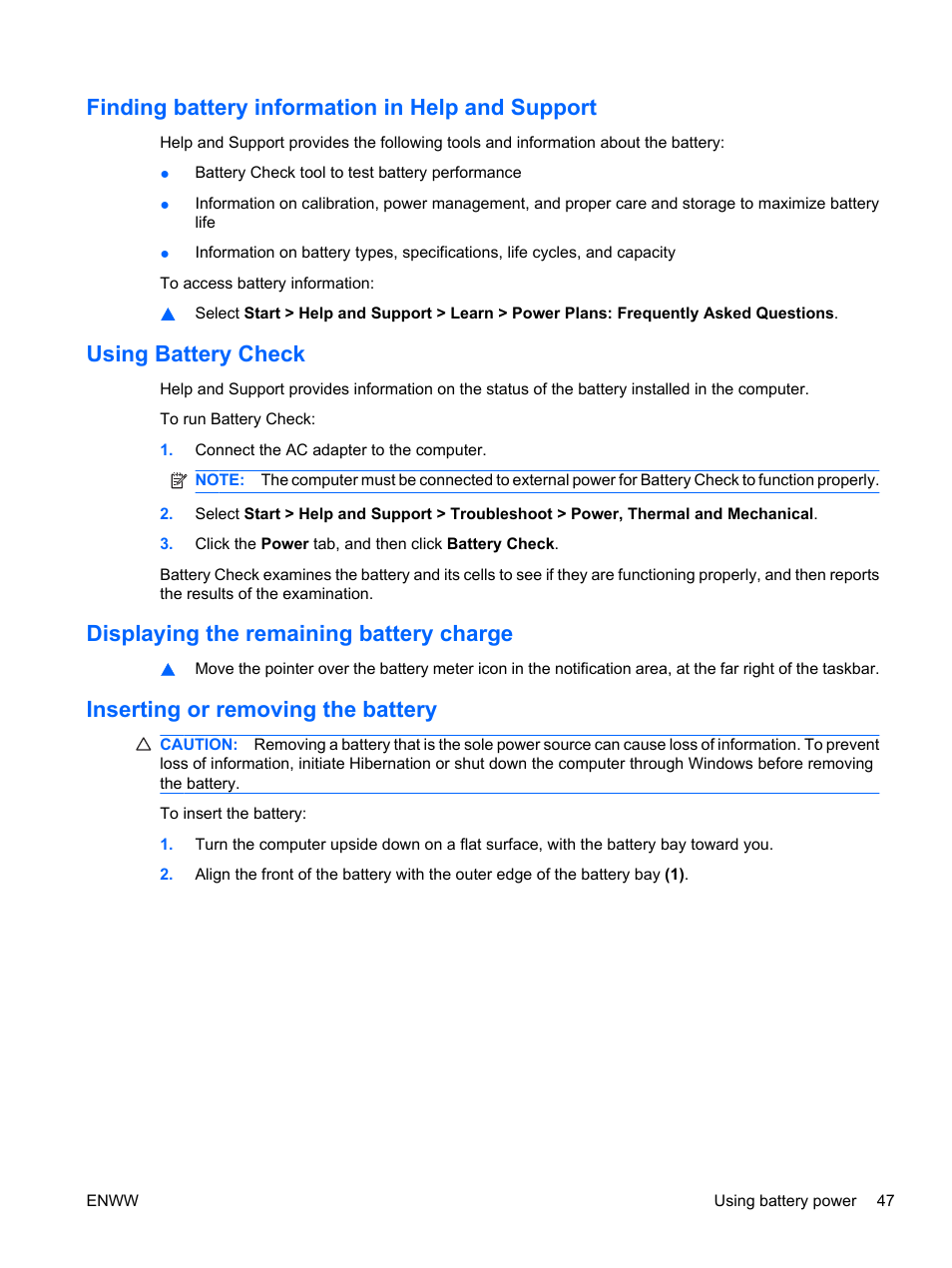 Finding battery information in help and support, Using battery check, Displaying the remaining battery charge | Inserting or removing the battery | HP Pavilion dv5-2070us Entertainment Notebook PC User Manual | Page 57 / 110