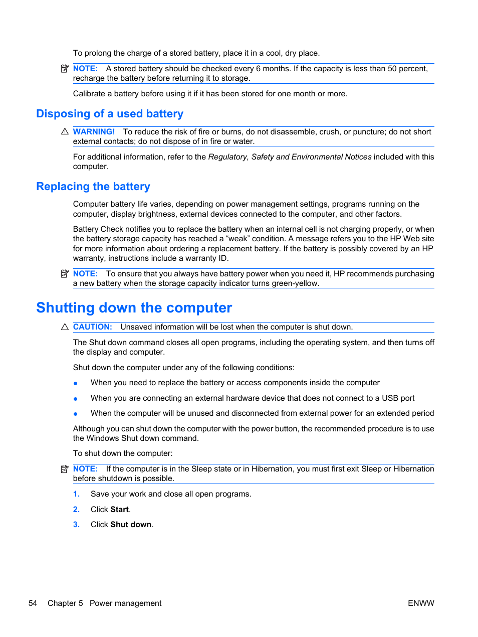 Disposing of a used battery, Replacing the battery, Shutting down the computer | HP Pavilion dv5-2070us Entertainment Notebook PC User Manual | Page 64 / 110