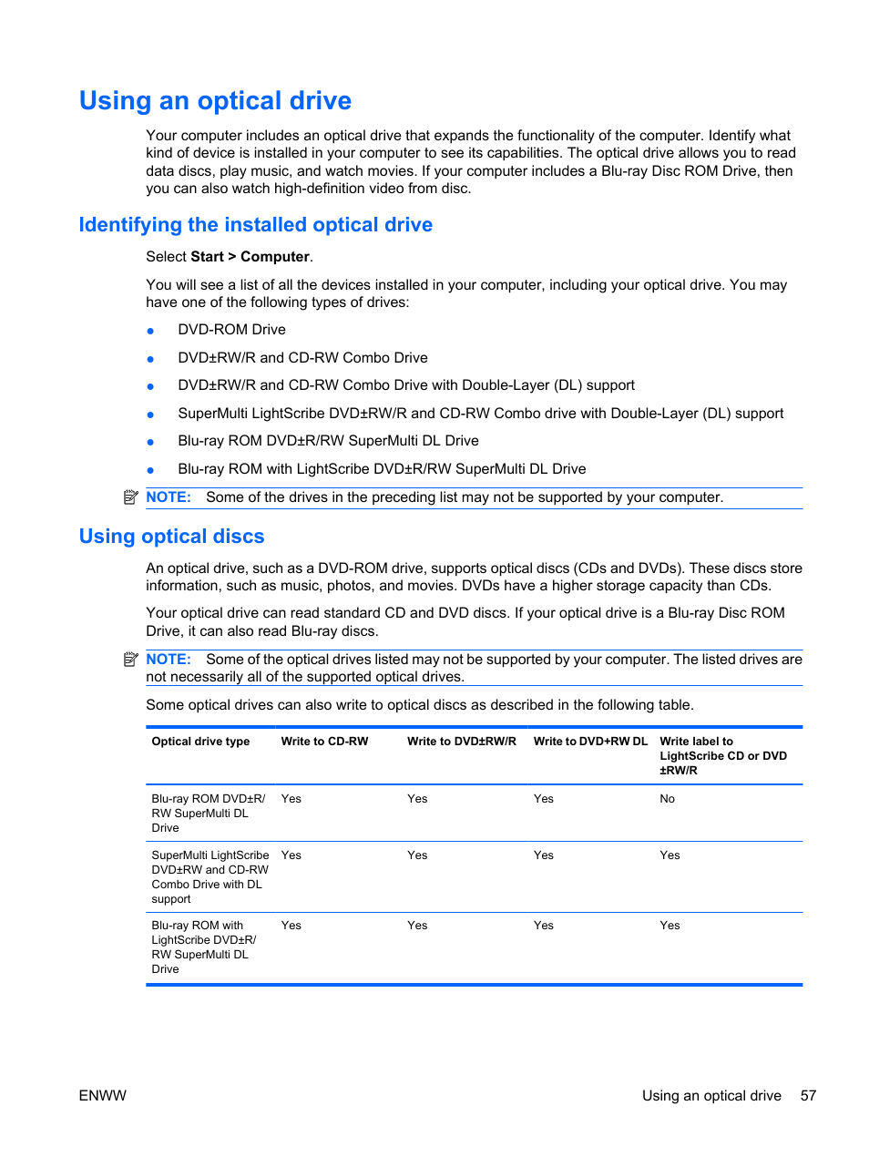 Using an optical drive, Identifying the installed optical drive, Using optical discs | HP Pavilion dv5-2070us Entertainment Notebook PC User Manual | Page 67 / 110