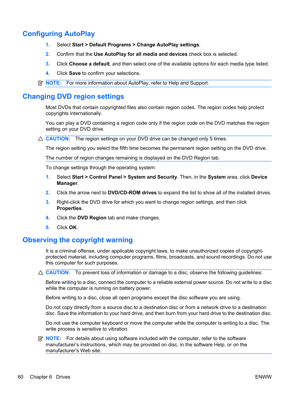 Configuring autoplay, Changing dvd region settings, Observing the copyright warning | HP Pavilion dv5-2070us Entertainment Notebook PC User Manual | Page 70 / 110