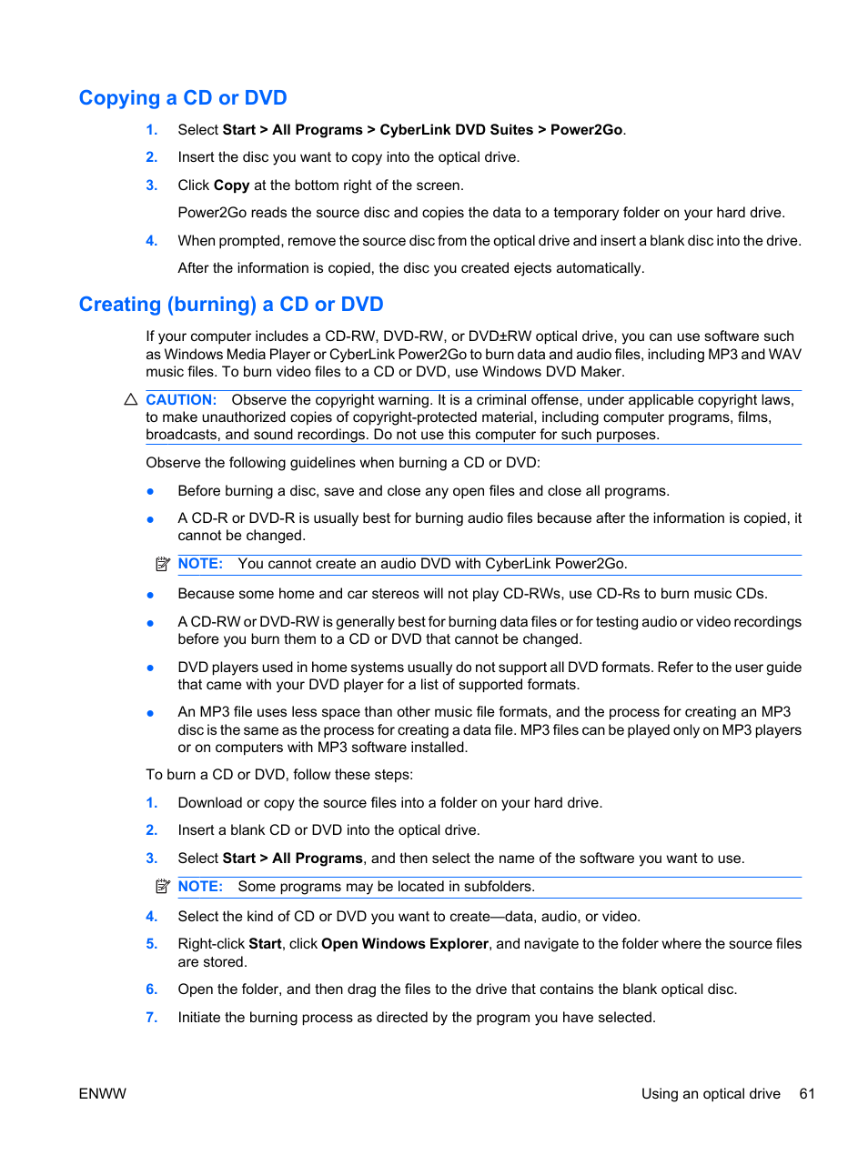 Copying a cd or dvd, Creating (burning) a cd or dvd, Copying a cd or dvd creating (burning) a cd or dvd | HP Pavilion dv5-2070us Entertainment Notebook PC User Manual | Page 71 / 110