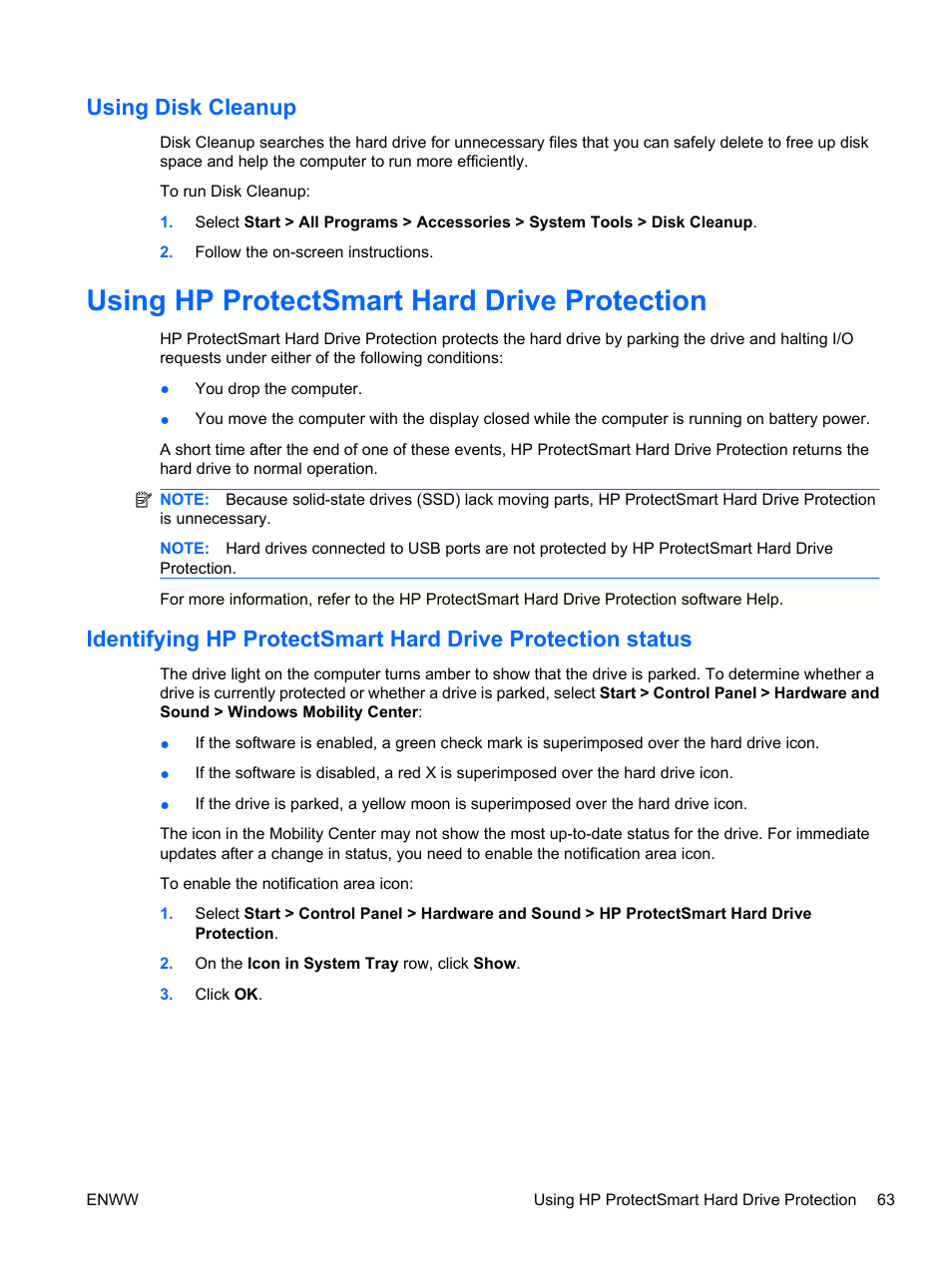 Using disk cleanup, Using hp protectsmart hard drive protection | HP Pavilion dv5-2070us Entertainment Notebook PC User Manual | Page 73 / 110