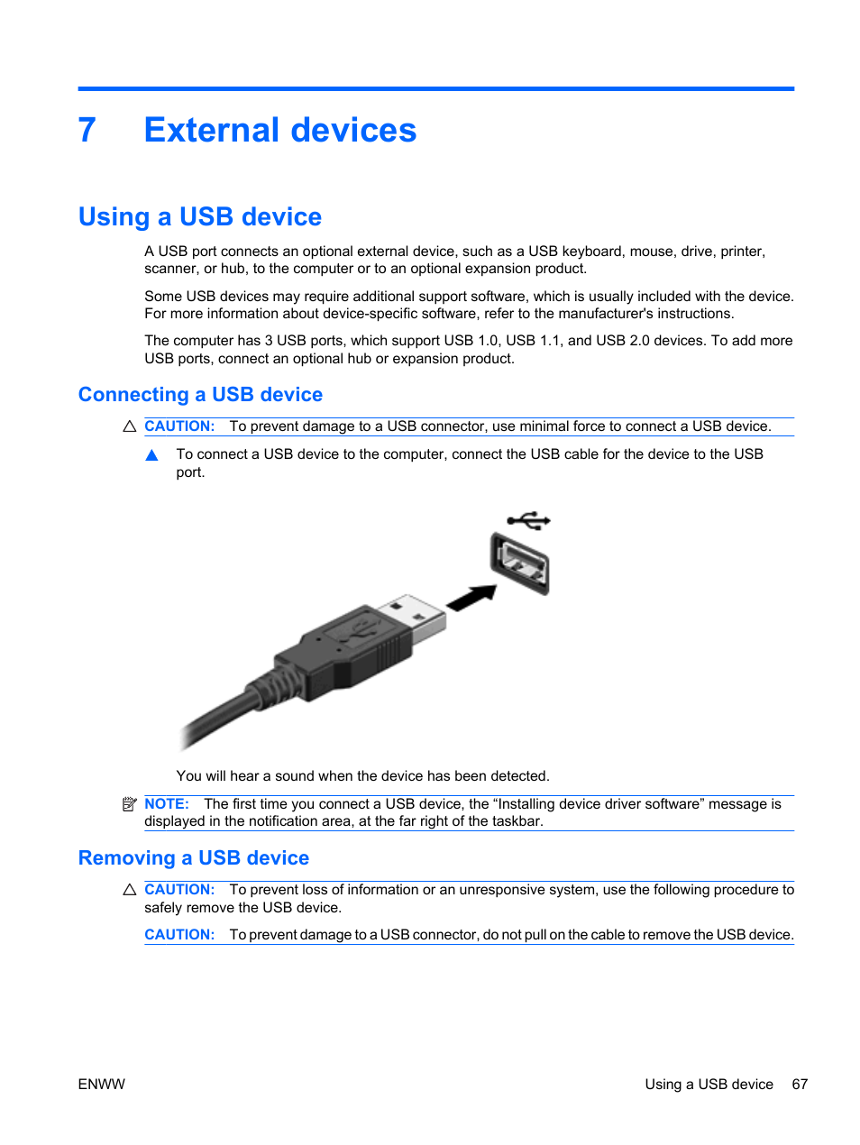 External devices, Using a usb device, Connecting a usb device | Removing a usb device, 7 external devices, Connecting a usb device removing a usb device, 7external devices | HP Pavilion dv5-2070us Entertainment Notebook PC User Manual | Page 77 / 110