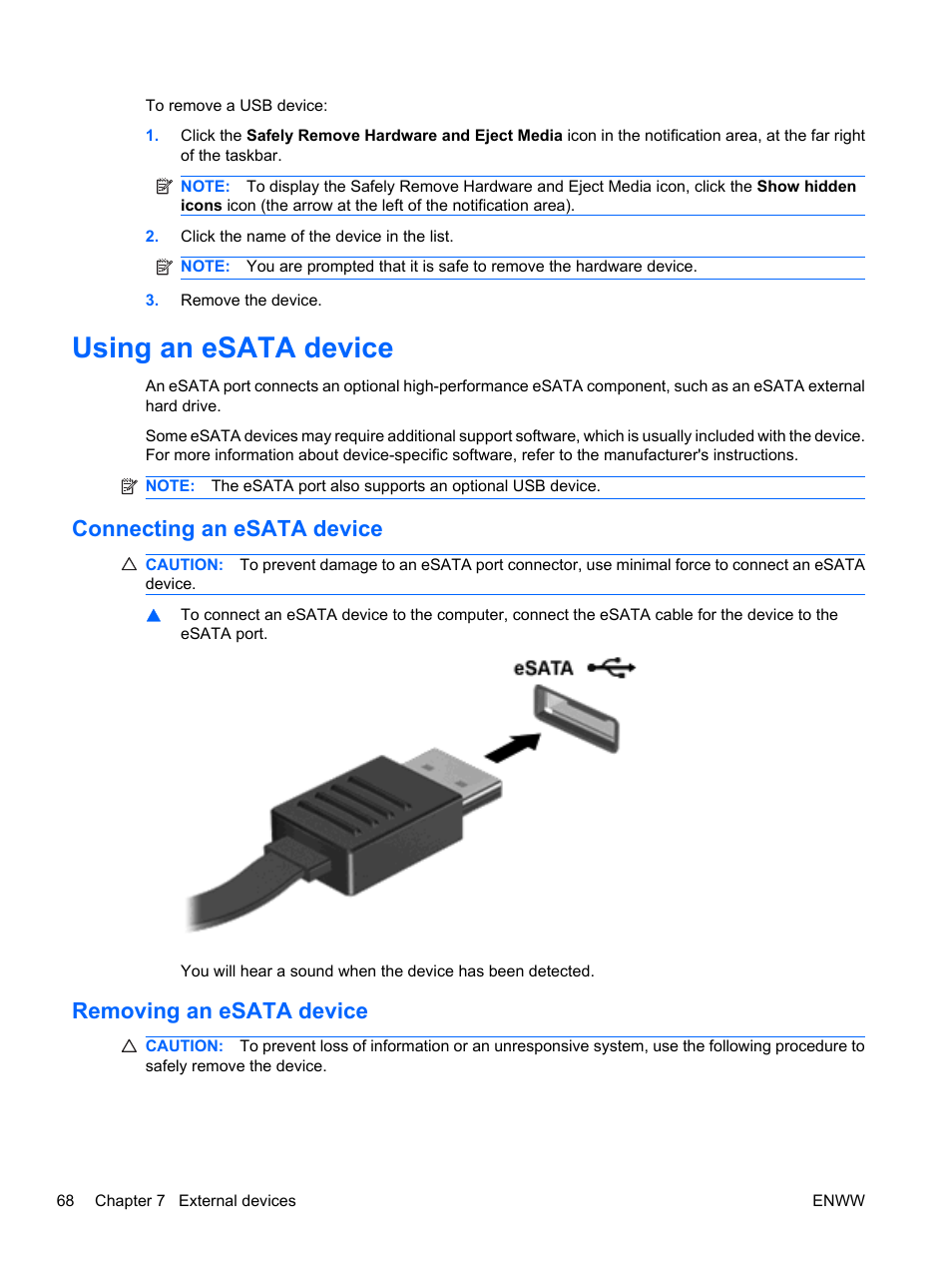 Using an esata device, Connecting an esata device, Removing an esata device | HP Pavilion dv5-2070us Entertainment Notebook PC User Manual | Page 78 / 110
