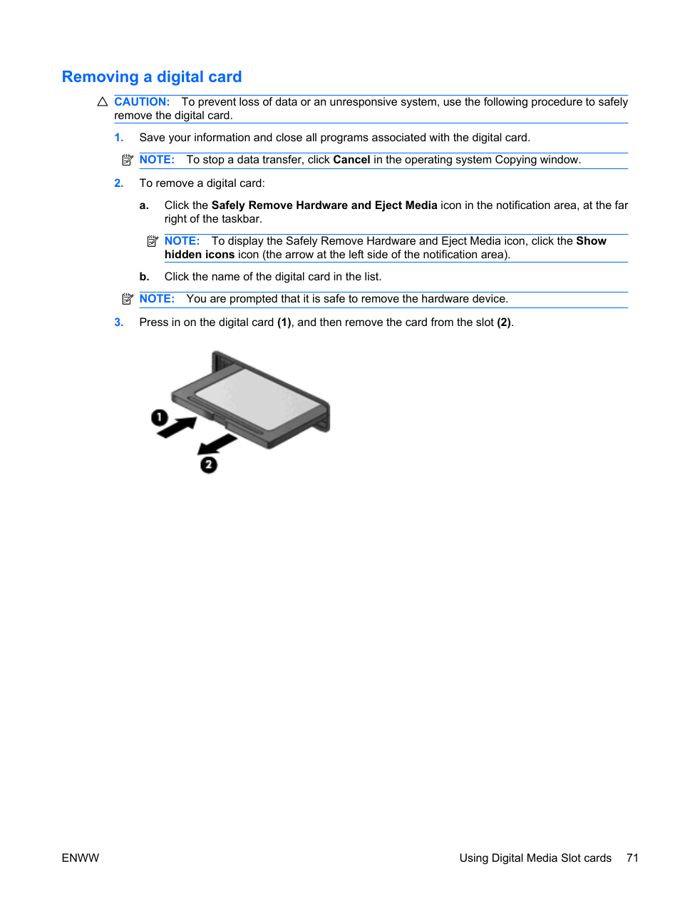 Removing a digital card | HP Pavilion dv5-2070us Entertainment Notebook PC User Manual | Page 81 / 110