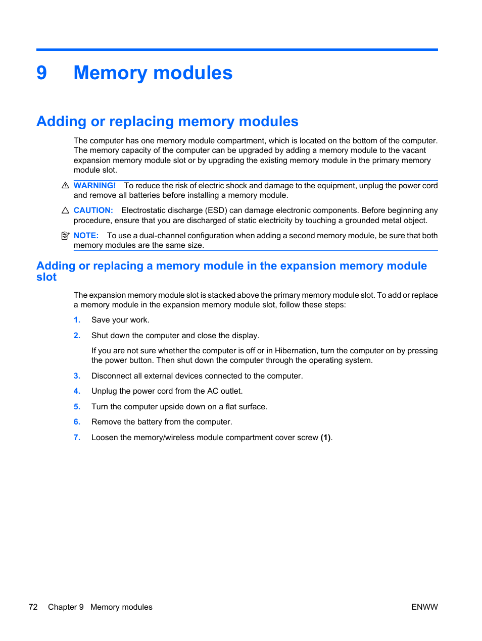 Memory modules, Adding or replacing memory modules, 9 memory modules | HP Pavilion dv5-2070us Entertainment Notebook PC User Manual | Page 82 / 110