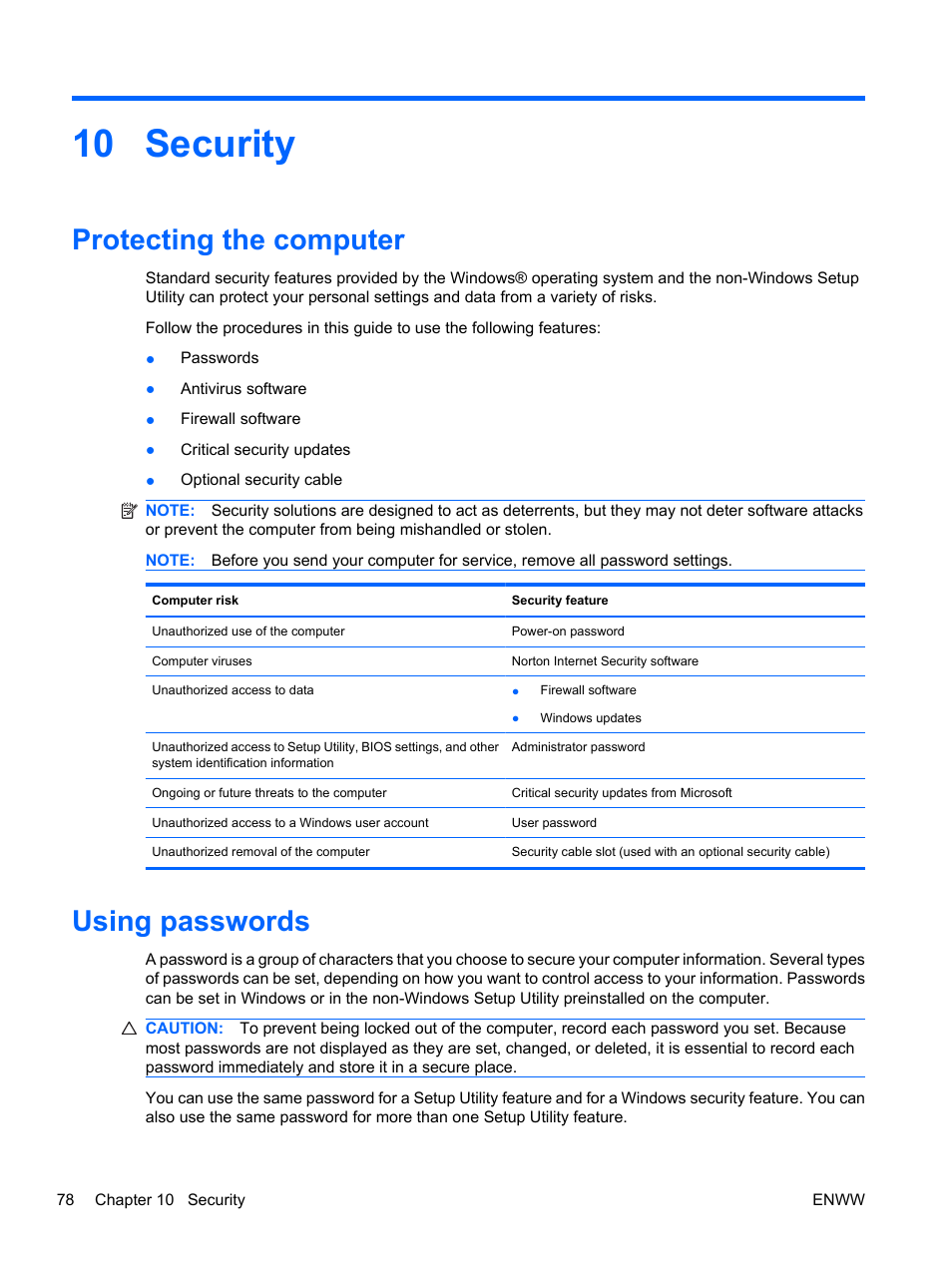 Security, Protecting the computer, Using passwords | 10 security, Protecting the computer using passwords | HP Pavilion dv5-2070us Entertainment Notebook PC User Manual | Page 88 / 110