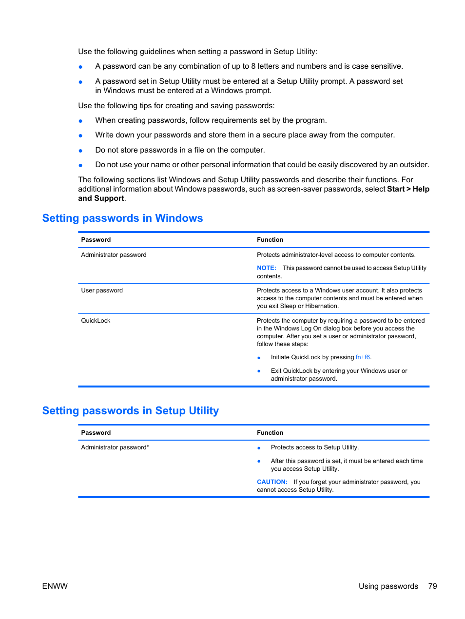 Setting passwords in windows, Setting passwords in setup utility | HP Pavilion dv5-2070us Entertainment Notebook PC User Manual | Page 89 / 110