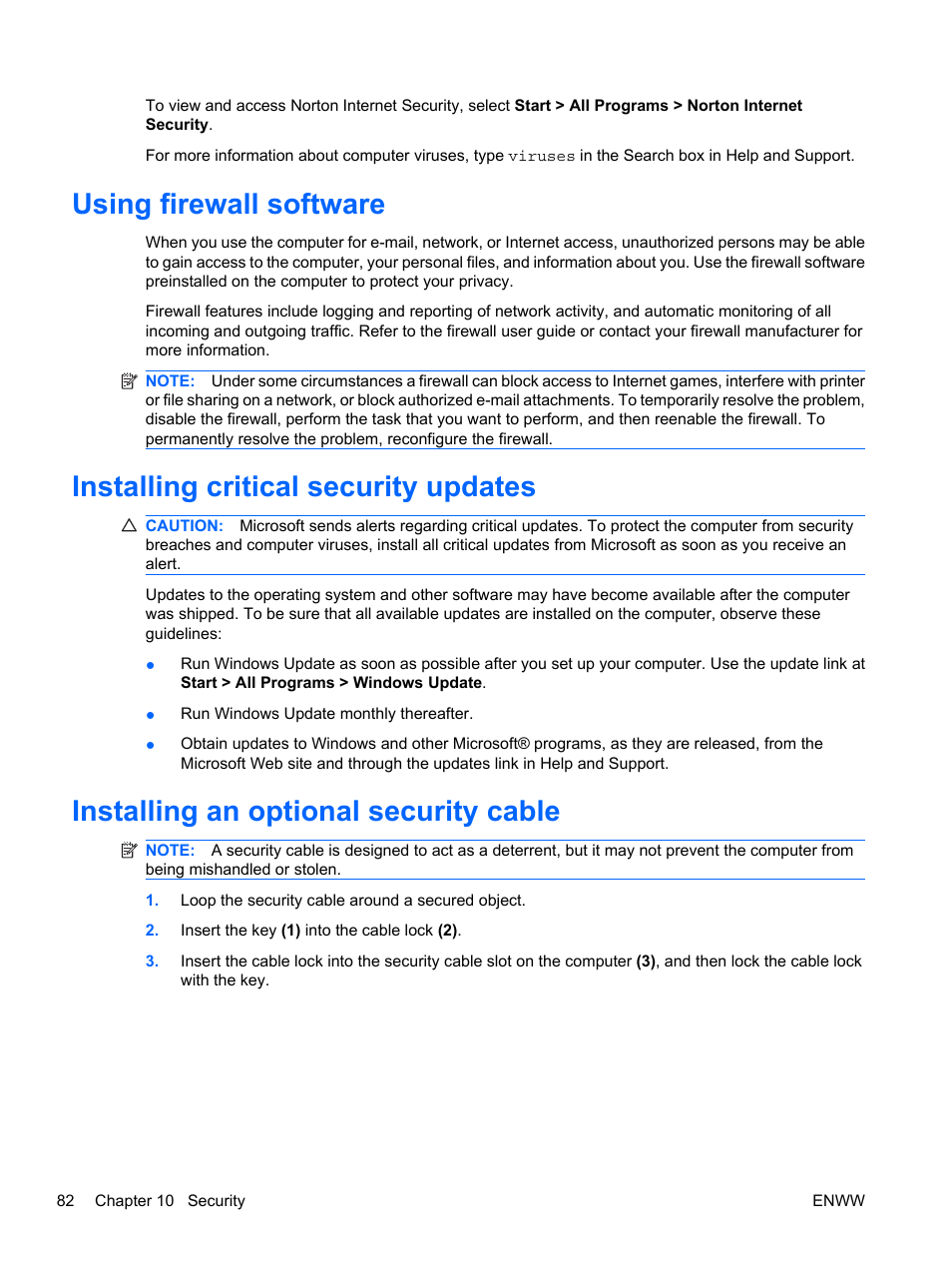 Using firewall software, Installing critical security updates, Installing an optional security cable | HP Pavilion dv5-2070us Entertainment Notebook PC User Manual | Page 92 / 110