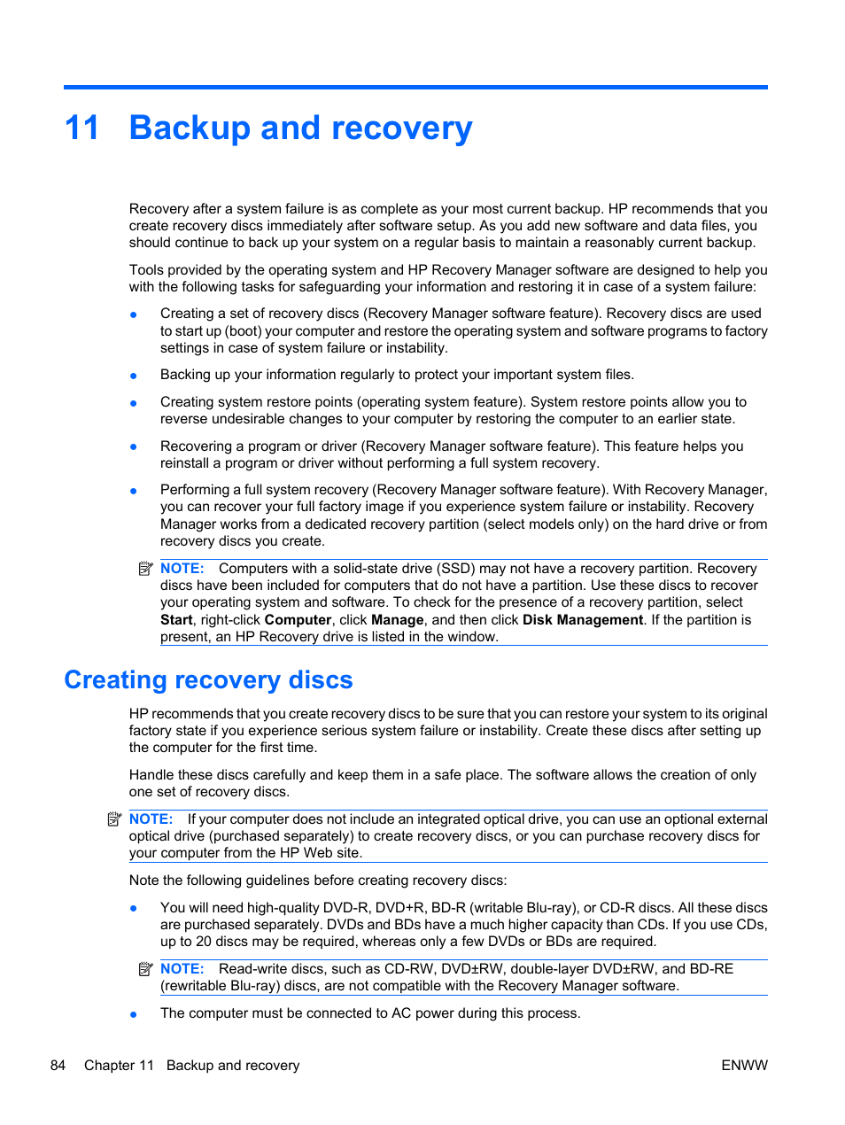 Backup and recovery, Creating recovery discs, 11 backup and recovery | HP Pavilion dv5-2070us Entertainment Notebook PC User Manual | Page 94 / 110