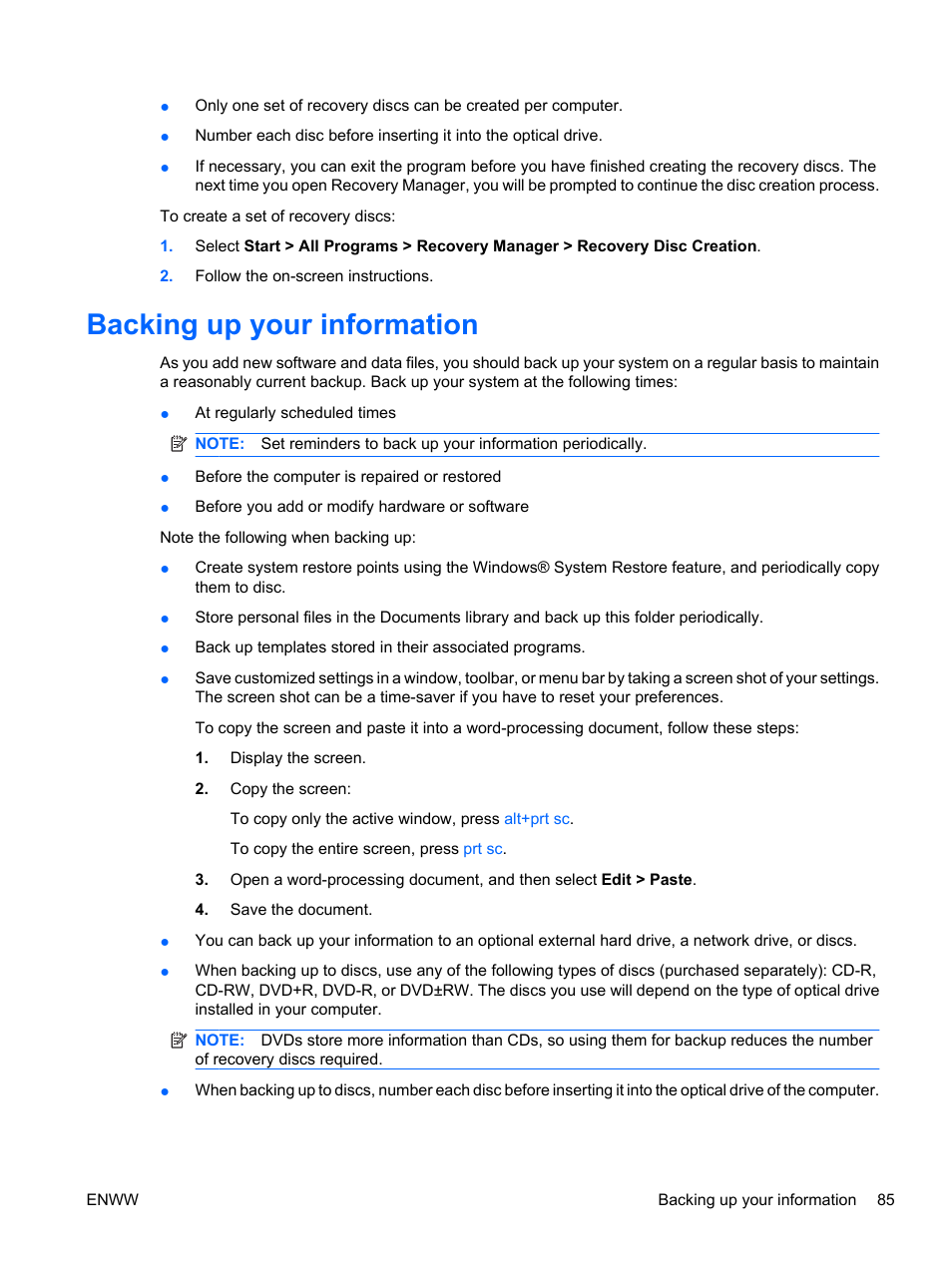 Backing up your information | HP Pavilion dv5-2070us Entertainment Notebook PC User Manual | Page 95 / 110