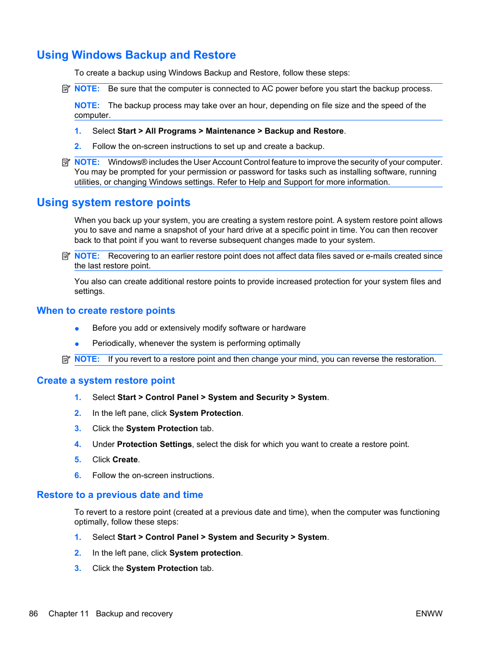 Using windows backup and restore, Using system restore points, When to create restore points | Create a system restore point, Restore to a previous date and time | HP Pavilion dv5-2070us Entertainment Notebook PC User Manual | Page 96 / 110