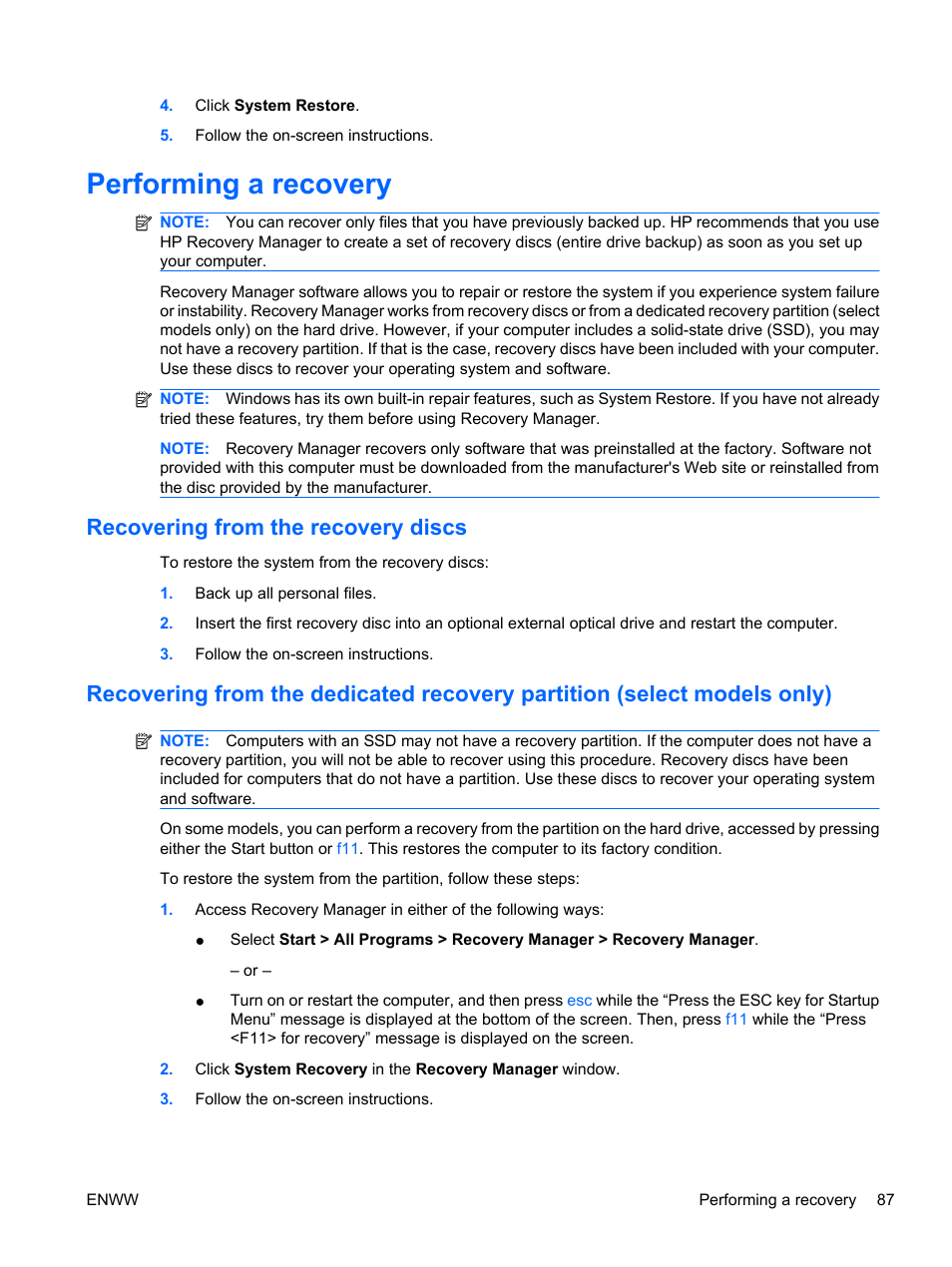 Performing a recovery, Recovering from the recovery discs | HP Pavilion dv5-2070us Entertainment Notebook PC User Manual | Page 97 / 110