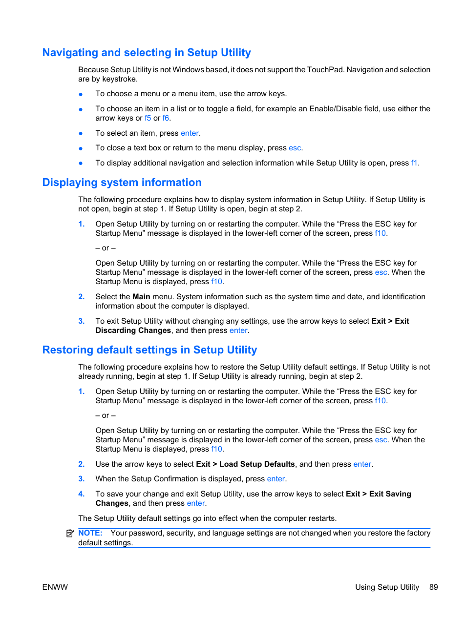 Navigating and selecting in setup utility, Displaying system information, Restoring default settings in setup utility | HP Pavilion dv5-2070us Entertainment Notebook PC User Manual | Page 99 / 110