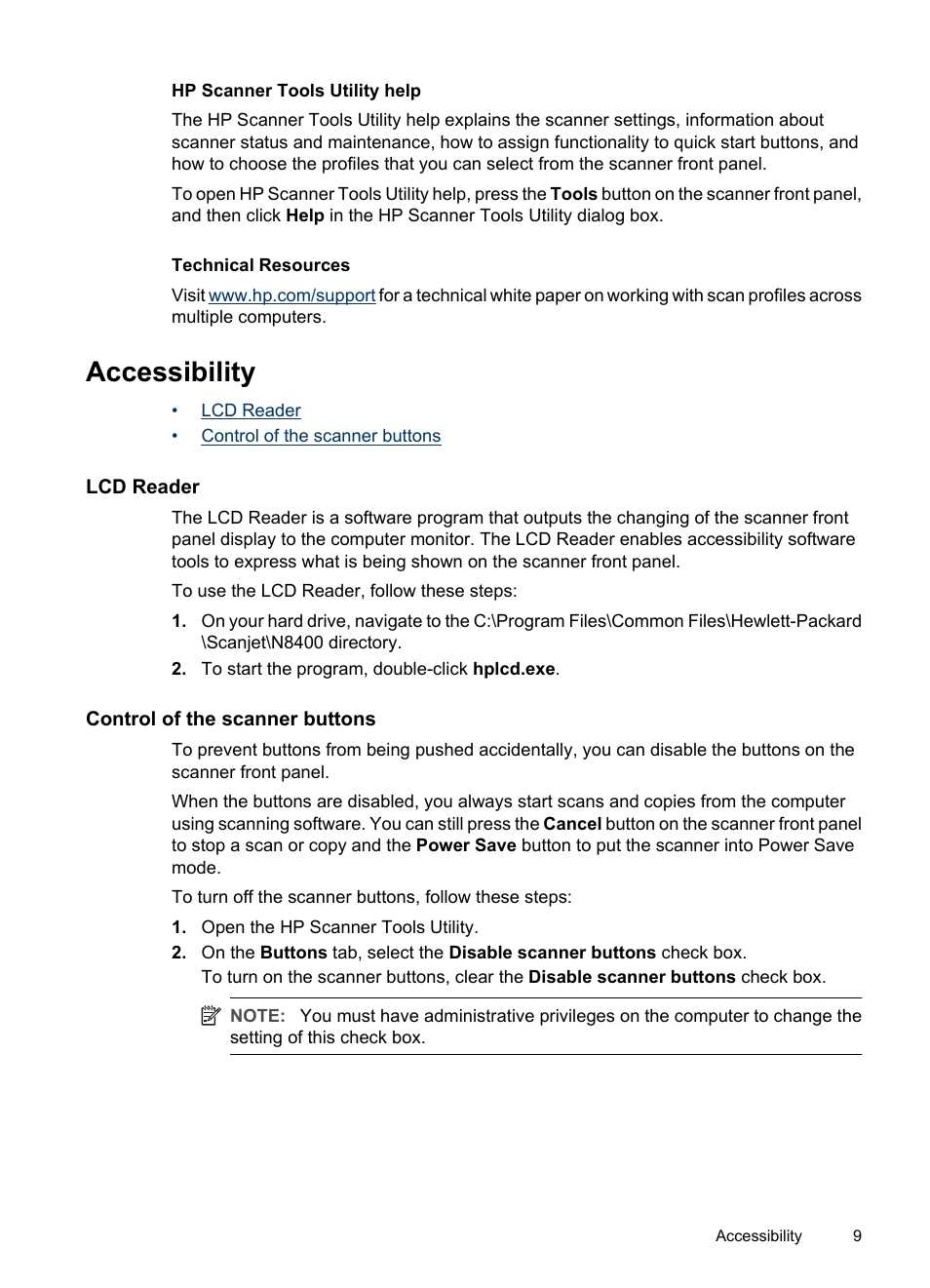 Accessibility, Lcd reader, Control of the scanner buttons | Lcd reader control of the scanner buttons | HP Scanjet N8460 Document Flatbed Scanner User Manual | Page 11 / 42