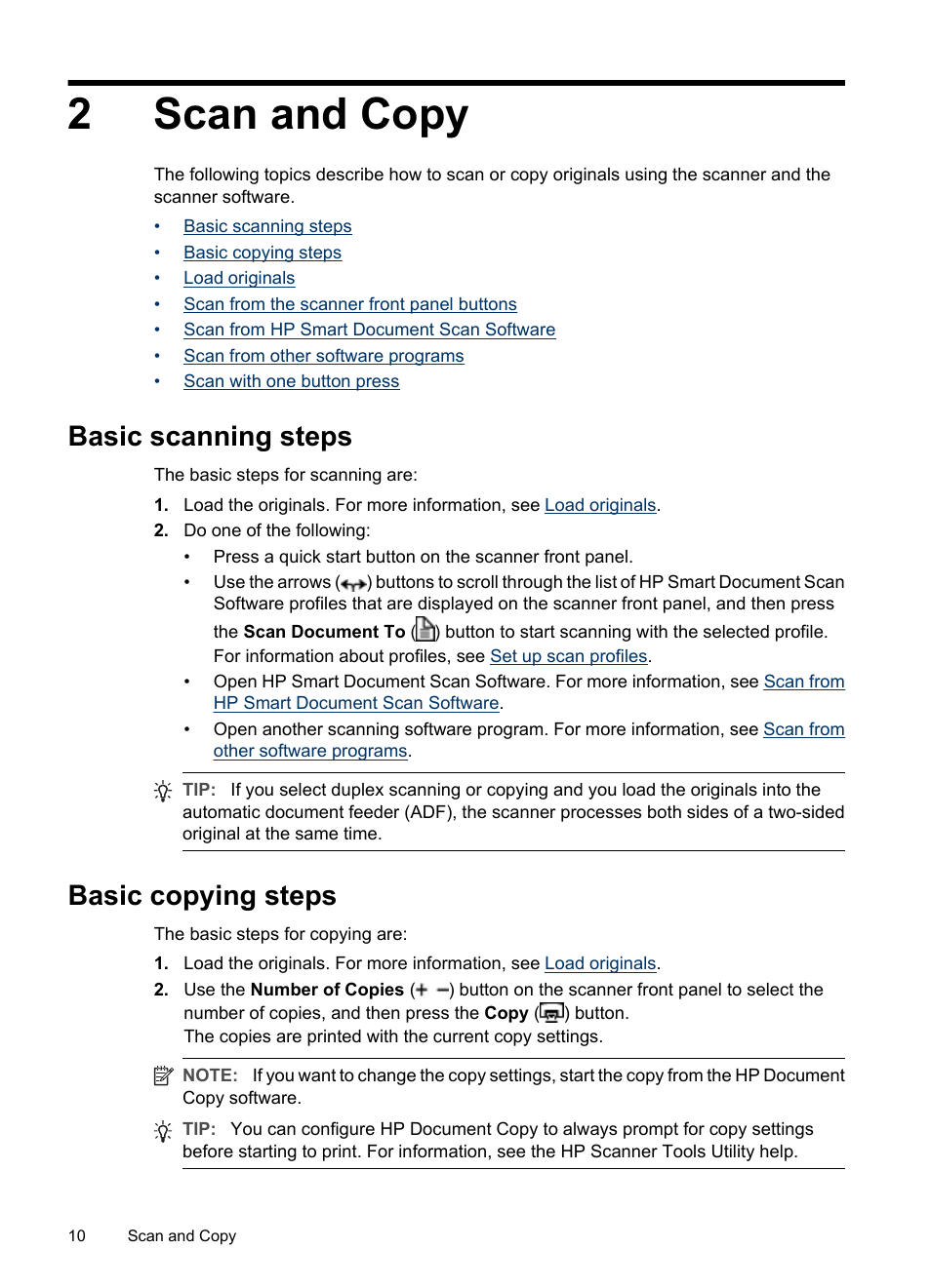 Scan and copy, Basic scanning steps, Basic copying steps | 2 scan and copy, Basic scanning steps basic copying steps, 2scan and copy | HP Scanjet N8460 Document Flatbed Scanner User Manual | Page 12 / 42