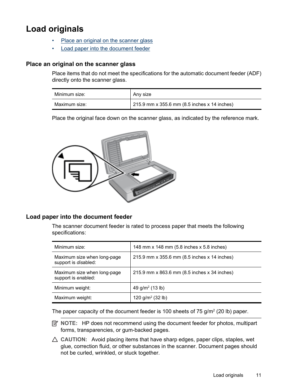 Load originals, Place an original on the scanner glass, Load paper into the document feeder | HP Scanjet N8460 Document Flatbed Scanner User Manual | Page 13 / 42