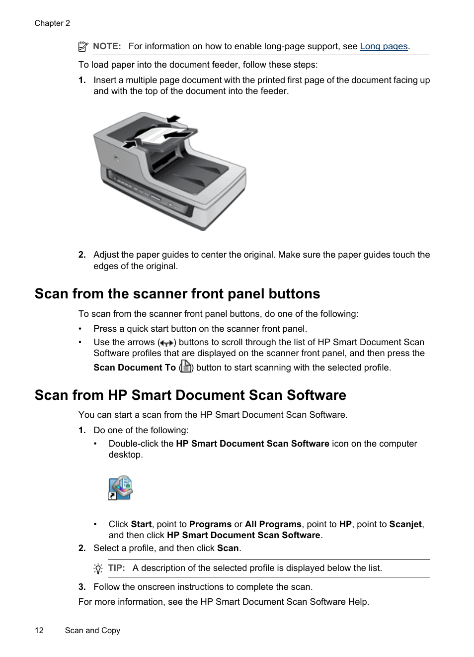 Scan from the scanner front panel buttons, Scan from hp smart document scan software, Scan from hp smart document scan | Software, Scan from, Hp smart document scan software | HP Scanjet N8460 Document Flatbed Scanner User Manual | Page 14 / 42