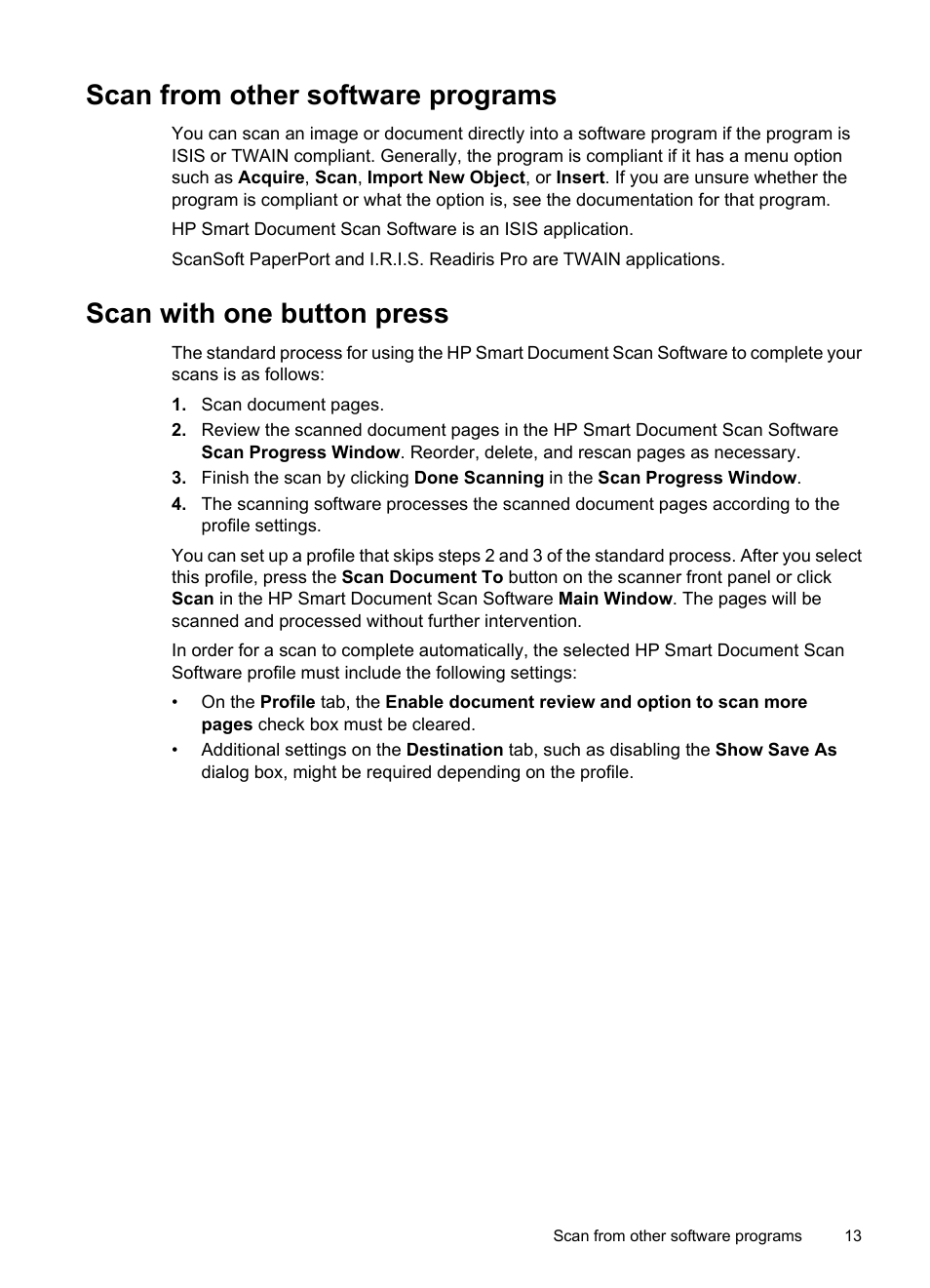 Scan from other software programs, Scan with one button press, Scan from | Other software programs | HP Scanjet N8460 Document Flatbed Scanner User Manual | Page 15 / 42