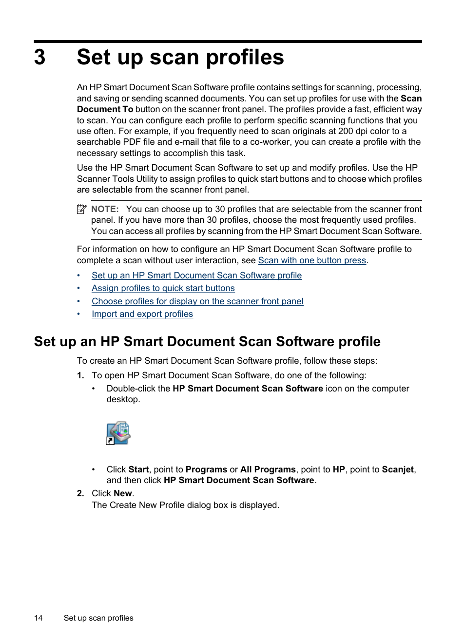 Set up scan profiles, Set up an hp smart document scan software profile, 3 set up scan profiles | 3set up scan profiles | HP Scanjet N8460 Document Flatbed Scanner User Manual | Page 16 / 42