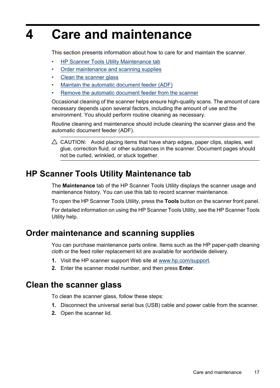 Care and maintenance, Hp scanner tools utility maintenance tab, Order maintenance and scanning supplies | Clean the scanner glass, 4 care and maintenance, 4care and maintenance | HP Scanjet N8460 Document Flatbed Scanner User Manual | Page 19 / 42