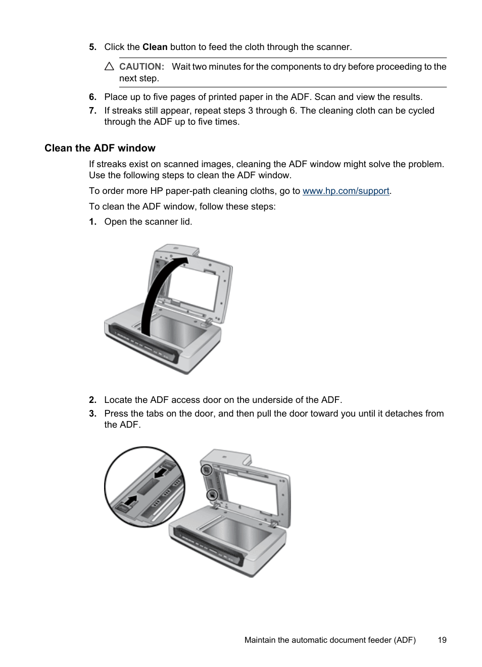 Clean the adf window | HP Scanjet N8460 Document Flatbed Scanner User Manual | Page 21 / 42
