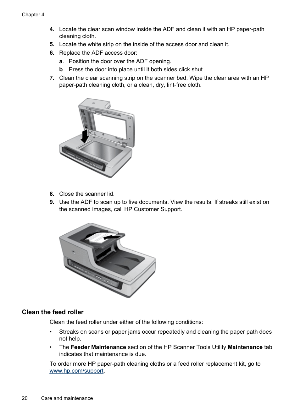 Clean the feed roller | HP Scanjet N8460 Document Flatbed Scanner User Manual | Page 22 / 42