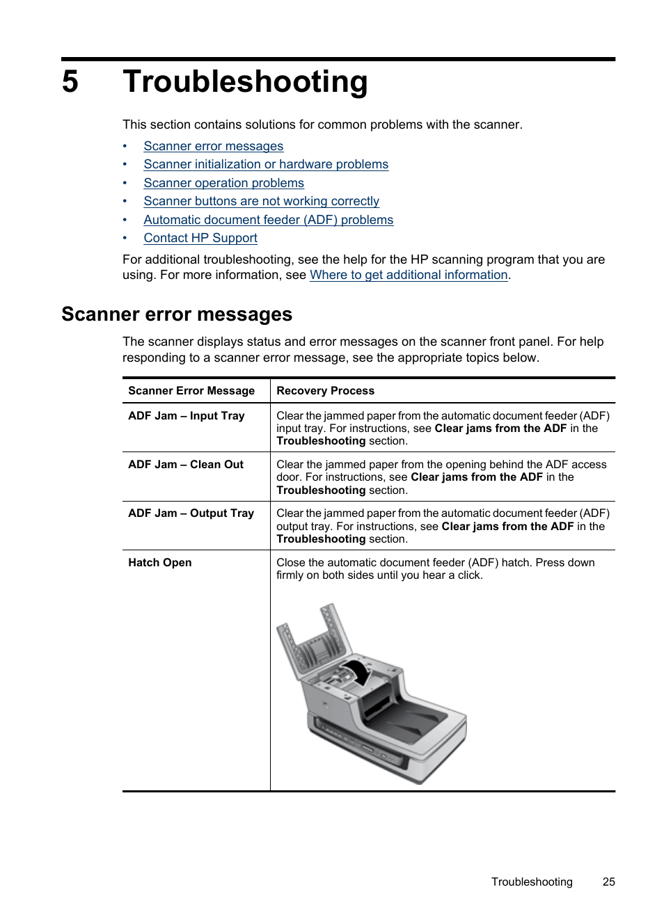 Troubleshooting, Scanner error messages, 5 troubleshooting | 5troubleshooting | HP Scanjet N8460 Document Flatbed Scanner User Manual | Page 27 / 42