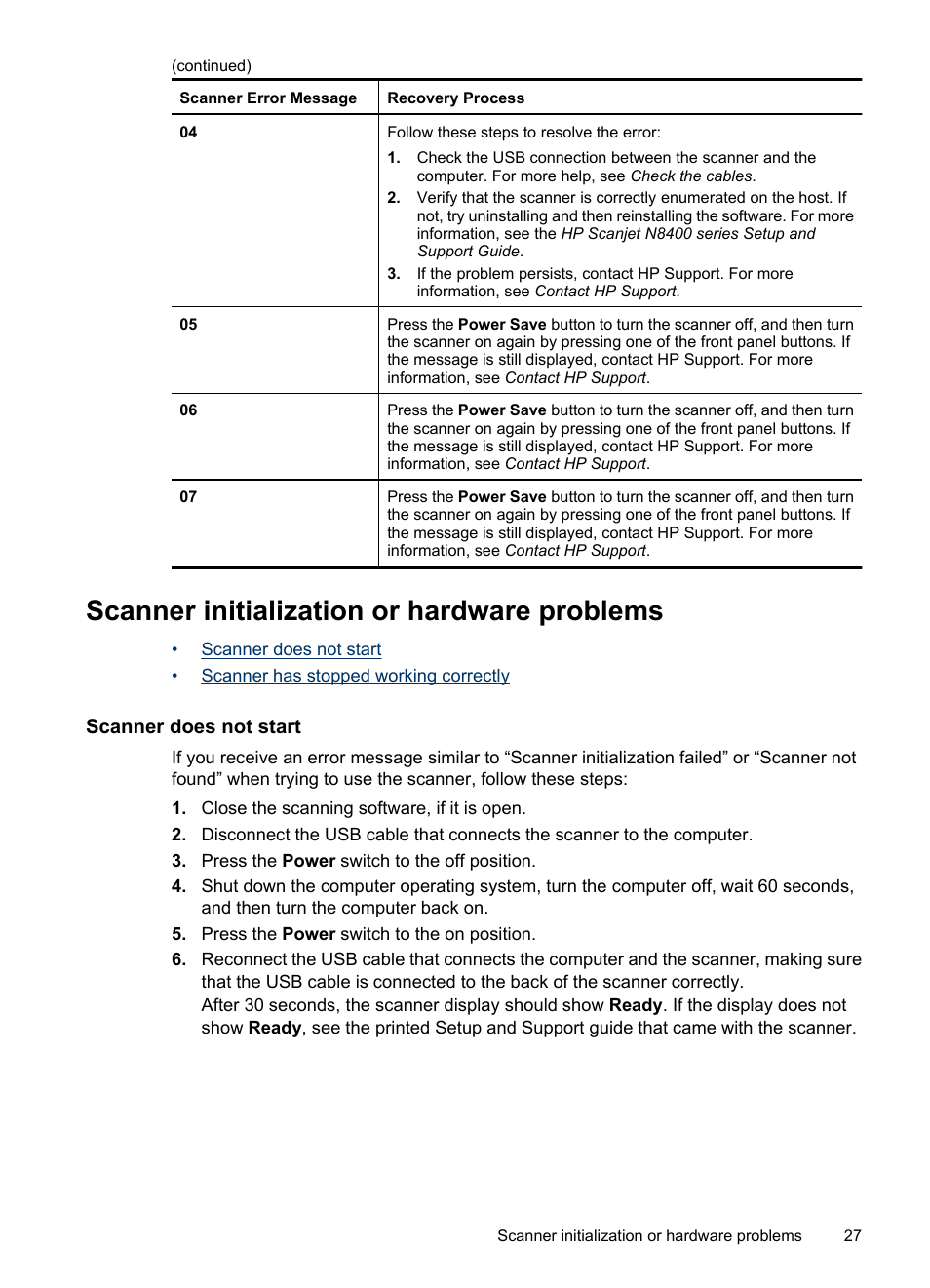 Scanner initialization or hardware problems, Scanner does not start | HP Scanjet N8460 Document Flatbed Scanner User Manual | Page 29 / 42