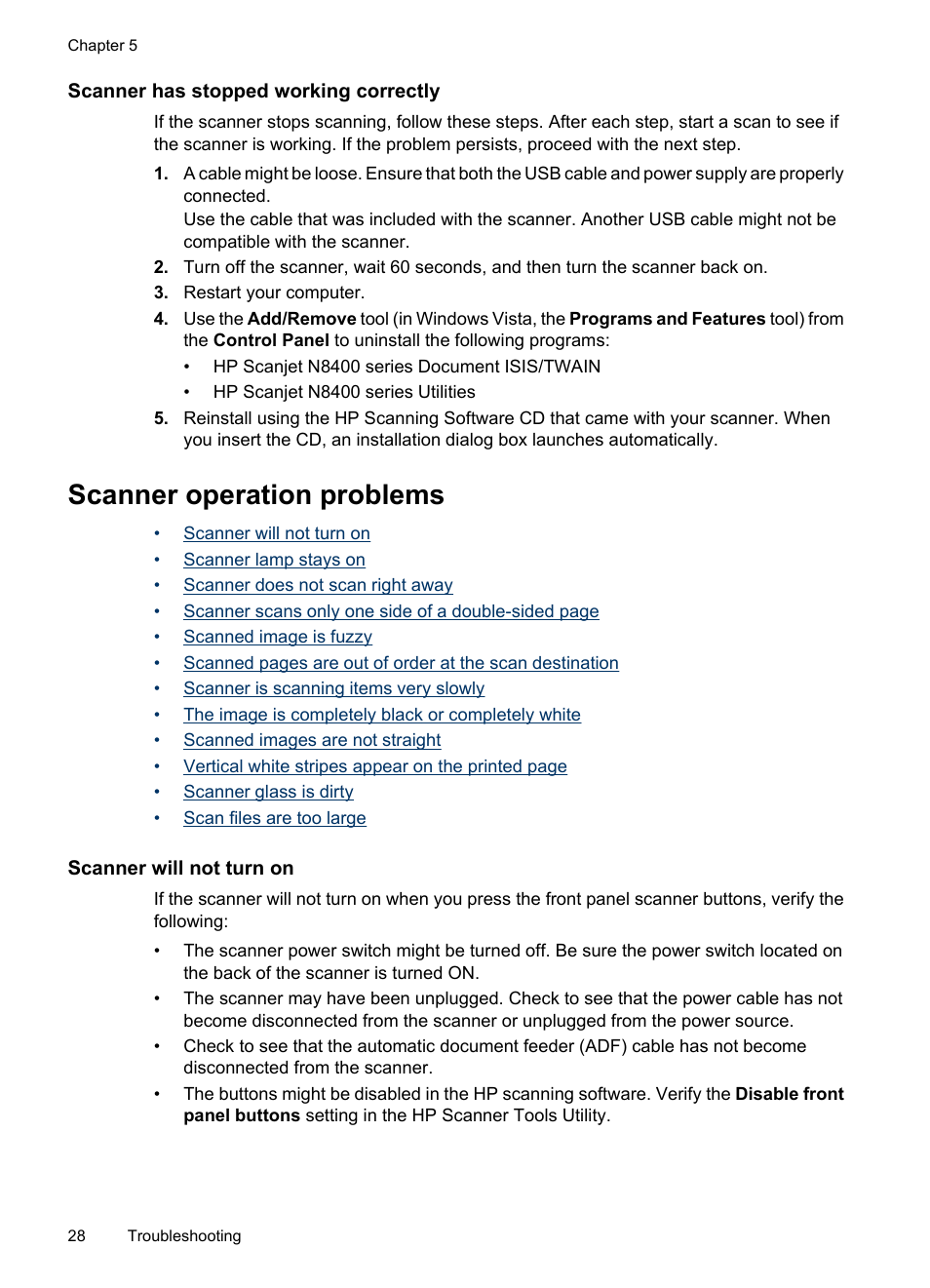 Scanner has stopped working correctly, Scanner operation problems, Scanner will not turn on | HP Scanjet N8460 Document Flatbed Scanner User Manual | Page 30 / 42