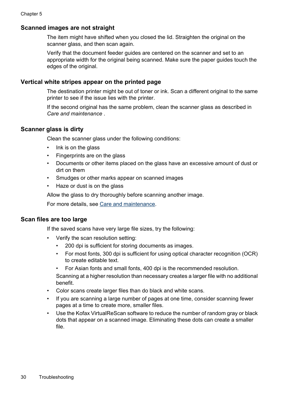 Scanned images are not straight, Scanner glass is dirty, Scan files are too large | HP Scanjet N8460 Document Flatbed Scanner User Manual | Page 32 / 42