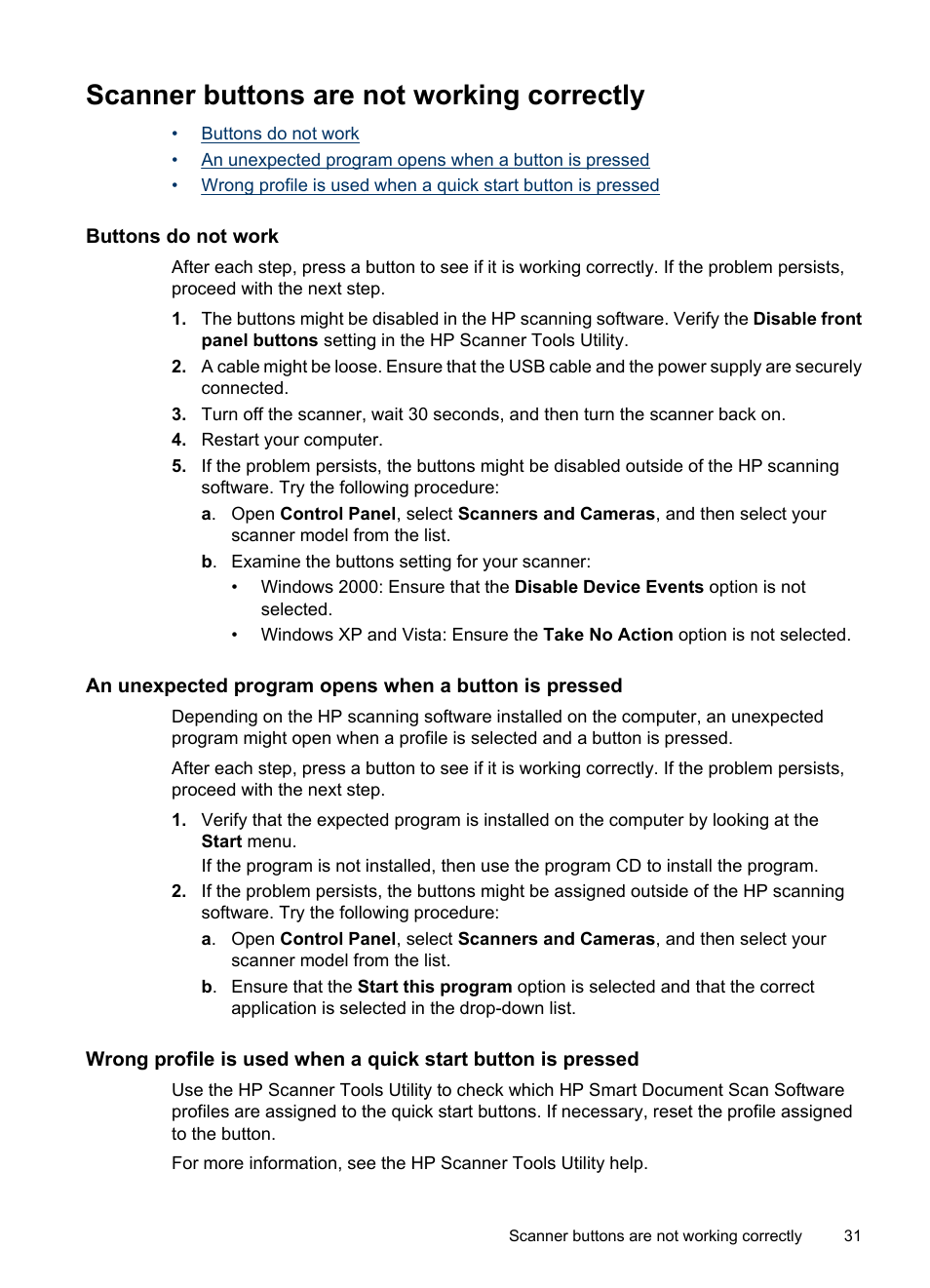 Scanner buttons are not working correctly, Buttons do not work | HP Scanjet N8460 Document Flatbed Scanner User Manual | Page 33 / 42